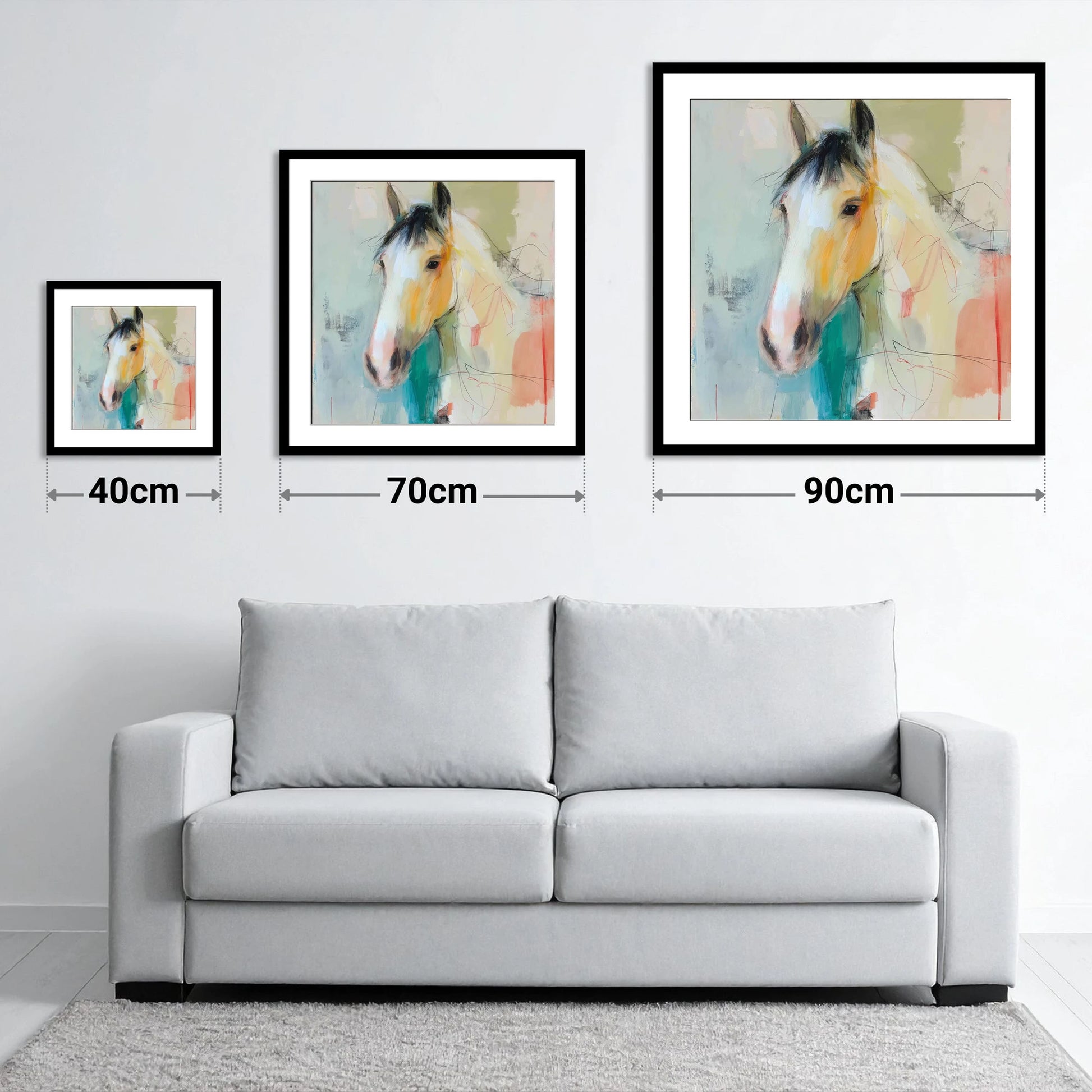 Quiet Grace in Ochre - size guide showing 40cm, 70cm and 90cm art prints