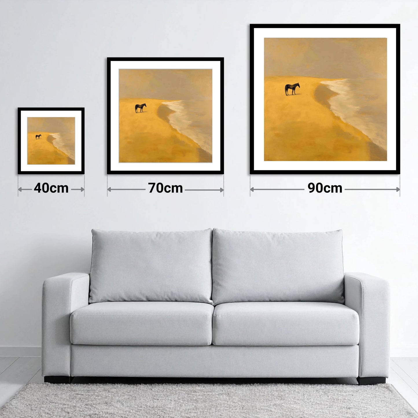 Golden Shoreline Solitude - size guide showing 40cm, 70cm and 90cm art prints