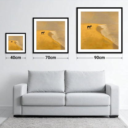 Golden Shoreline Solitude - size guide showing 40cm, 70cm and 90cm art prints