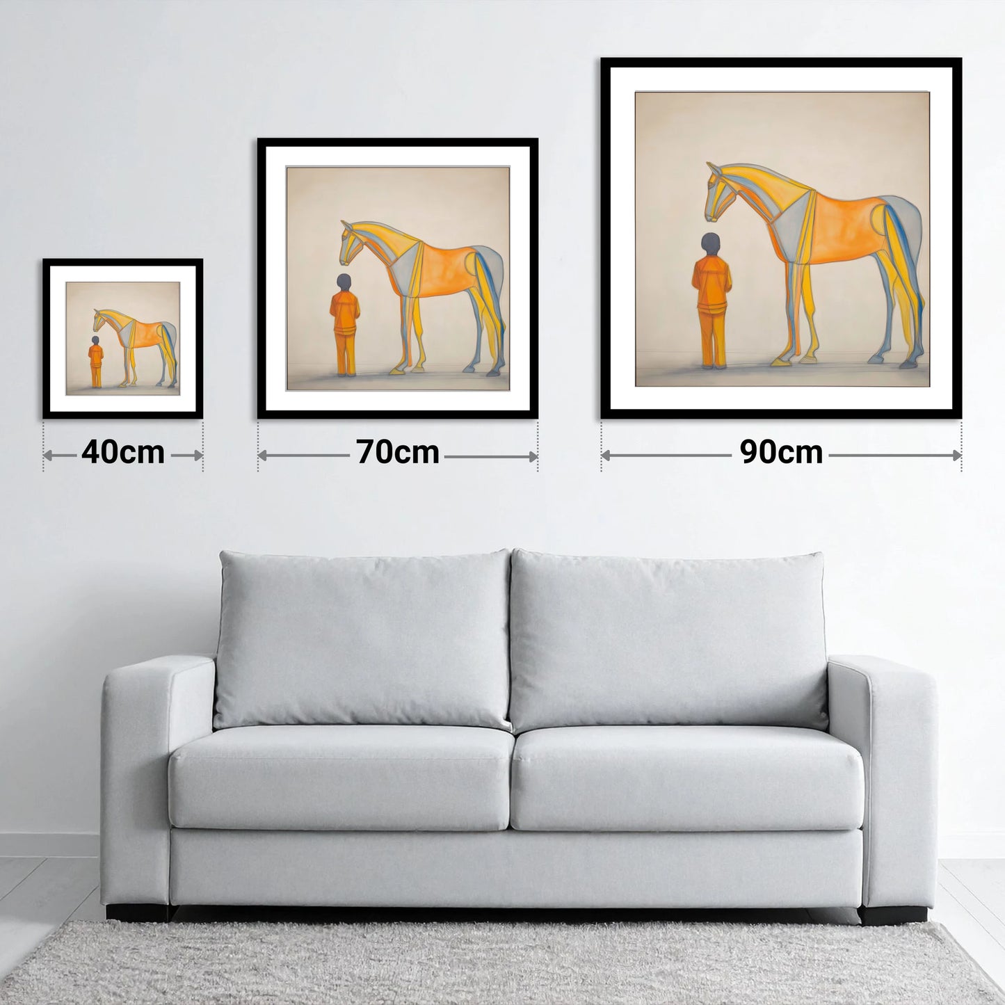 Structural Harmony - size guide showing 40cm, 70cm and 90cm art prints