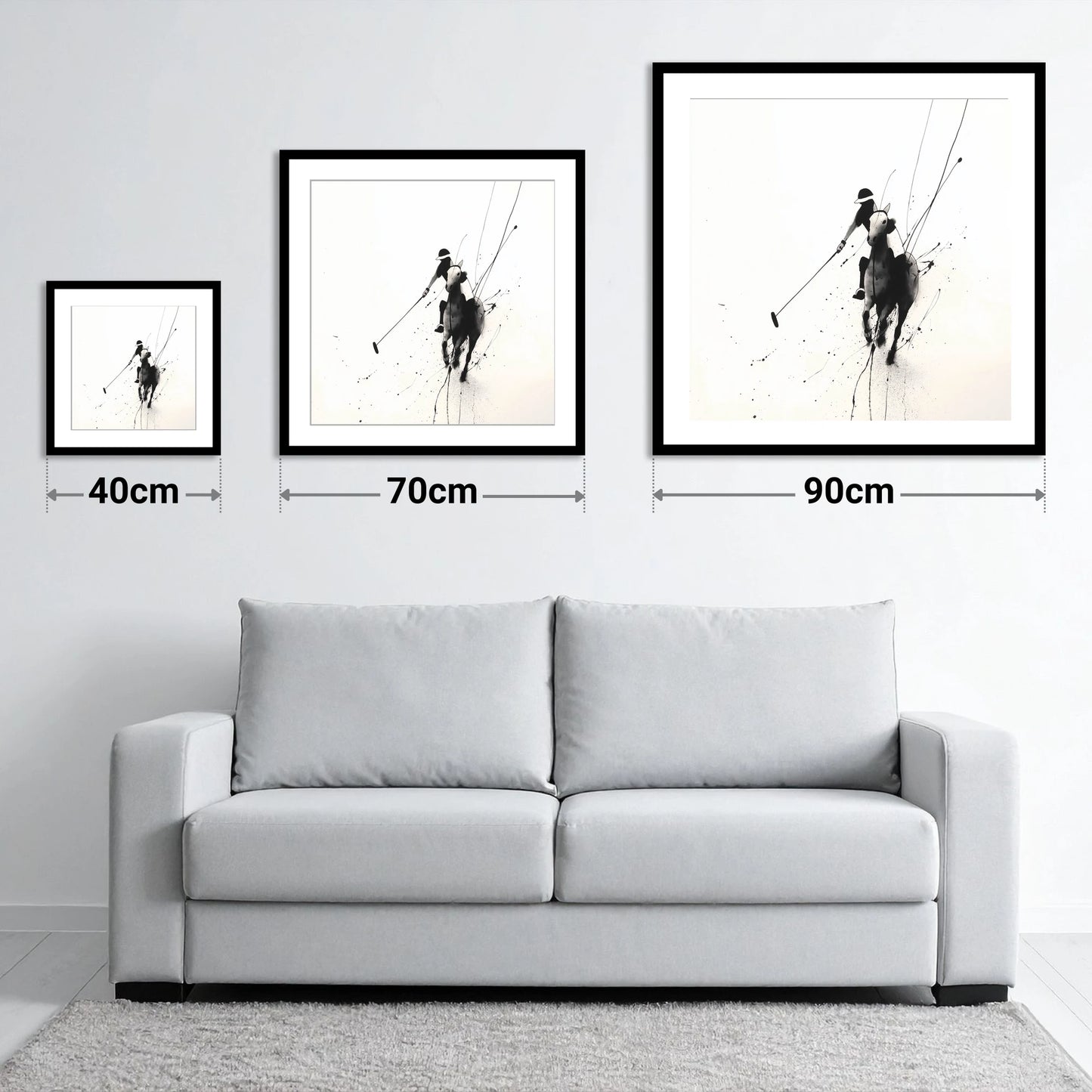 Ethereal Polo Silhouette - size guide showing 40cm, 70cm and 90cm art prints