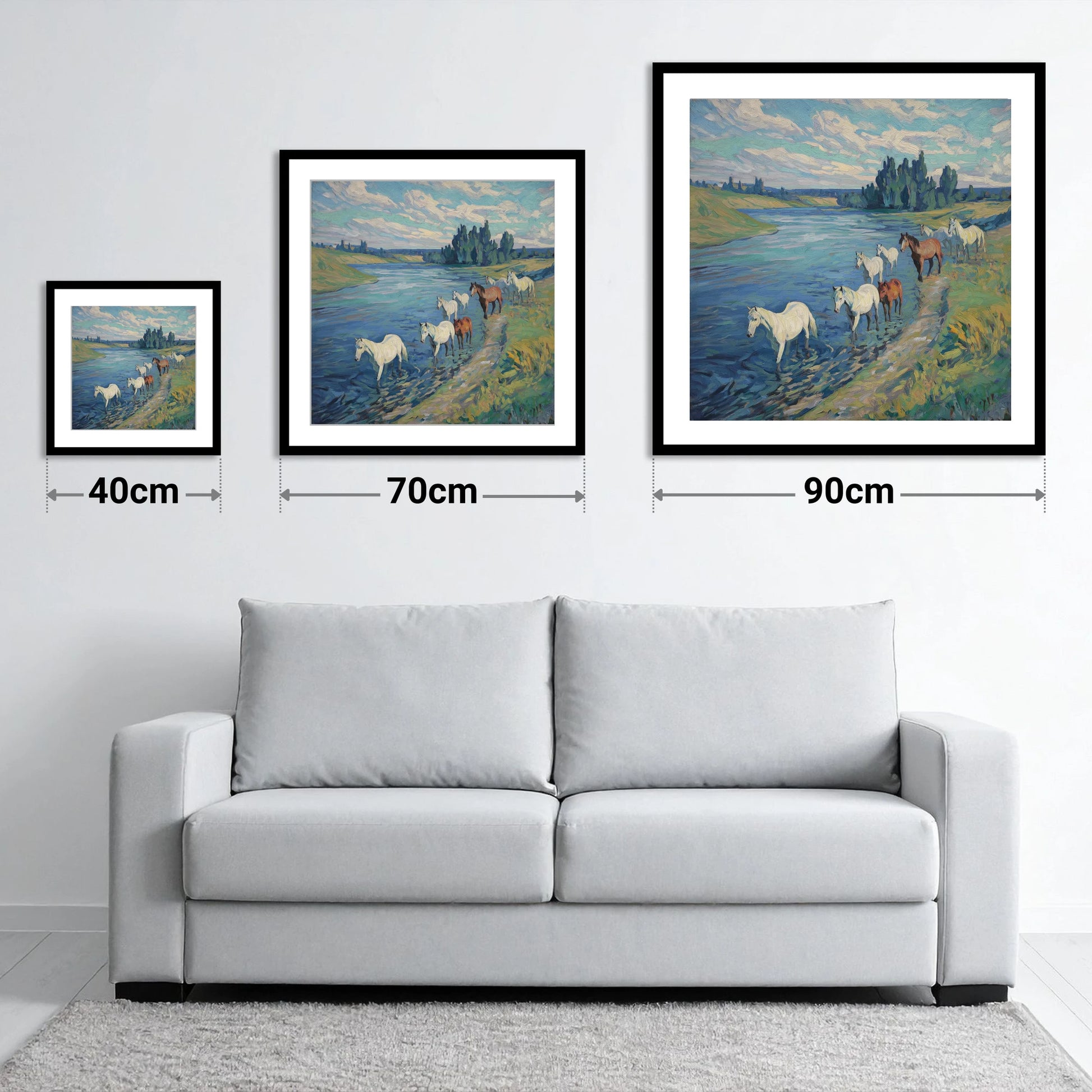 Riverside Herd - size guide showing 40cm, 70cm and 90cm art prints