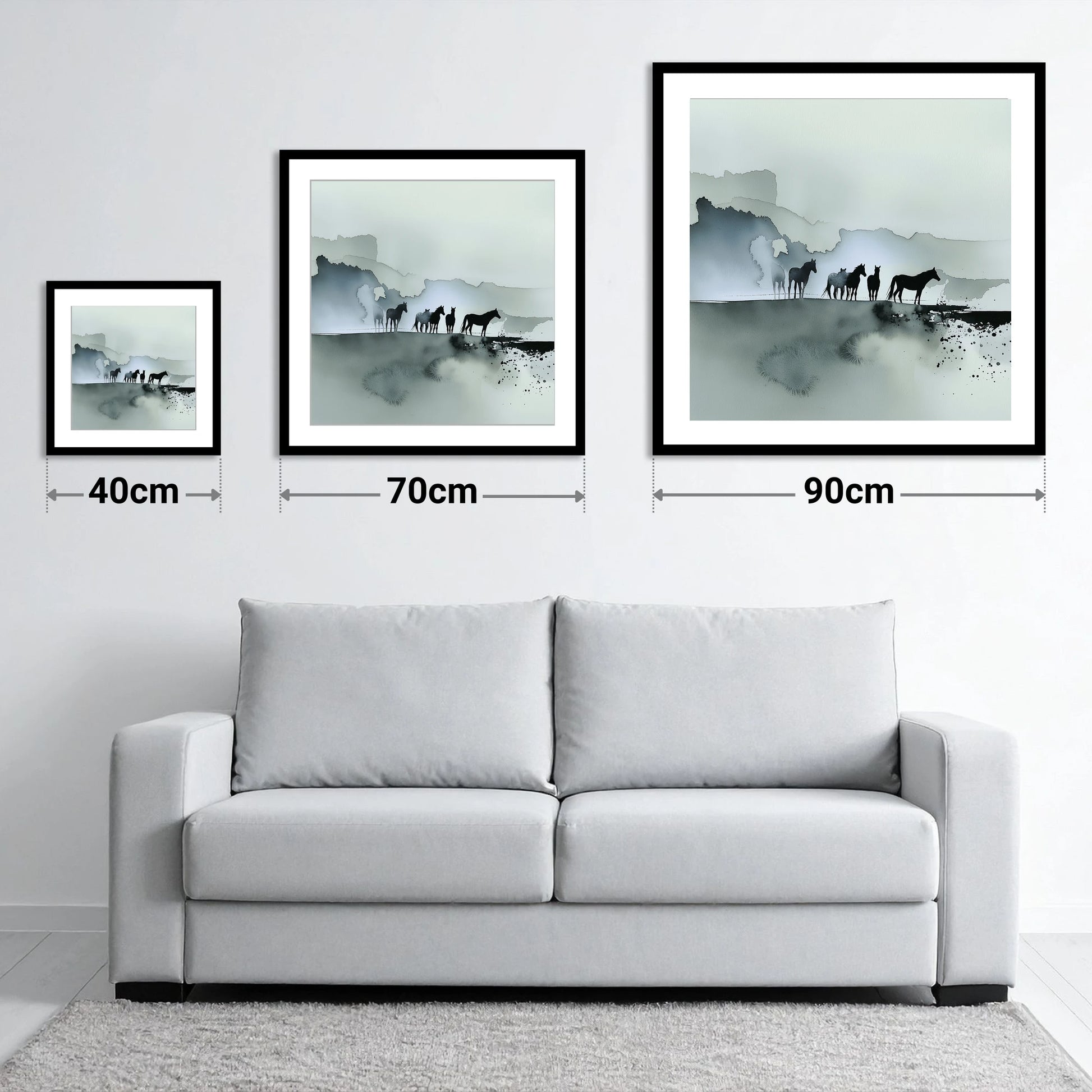 Silent Sentinels of the Mist - size guide showing 40cm, 70cm and 90cm art prints