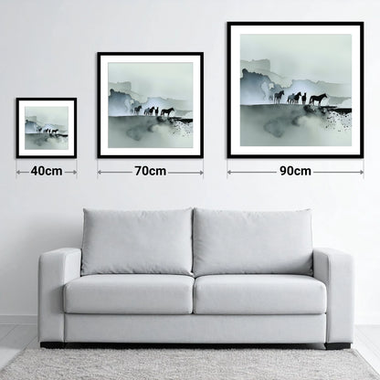 Silent Sentinels of the Mist - size guide showing 40cm, 70cm and 90cm art prints