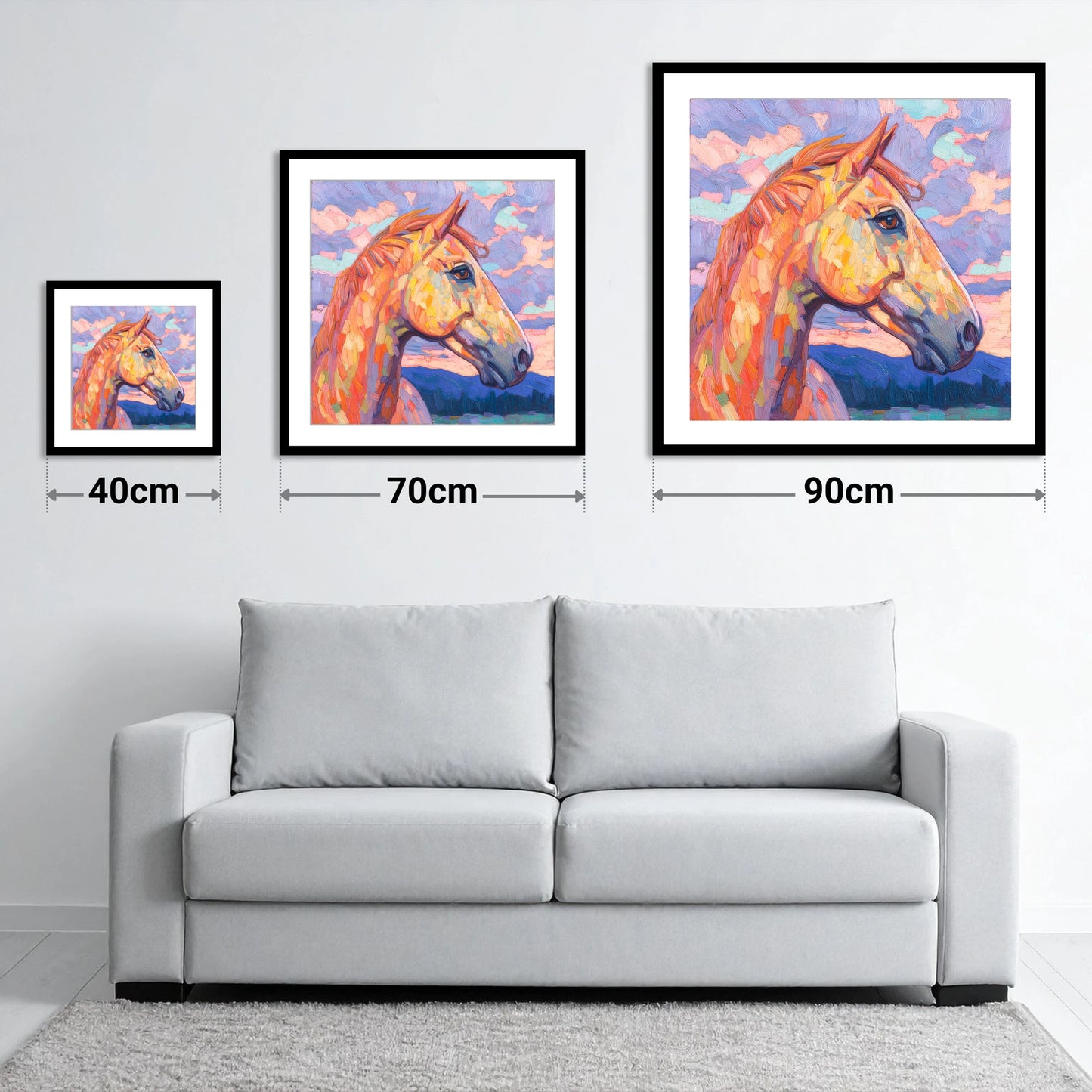 Prismatic Equine Portrait - size guide showing 40cm, 70cm and 90cm art prints