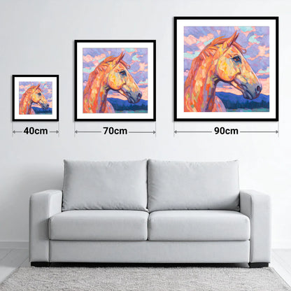 Prismatic Equine Portrait - size guide showing 40cm, 70cm and 90cm art prints