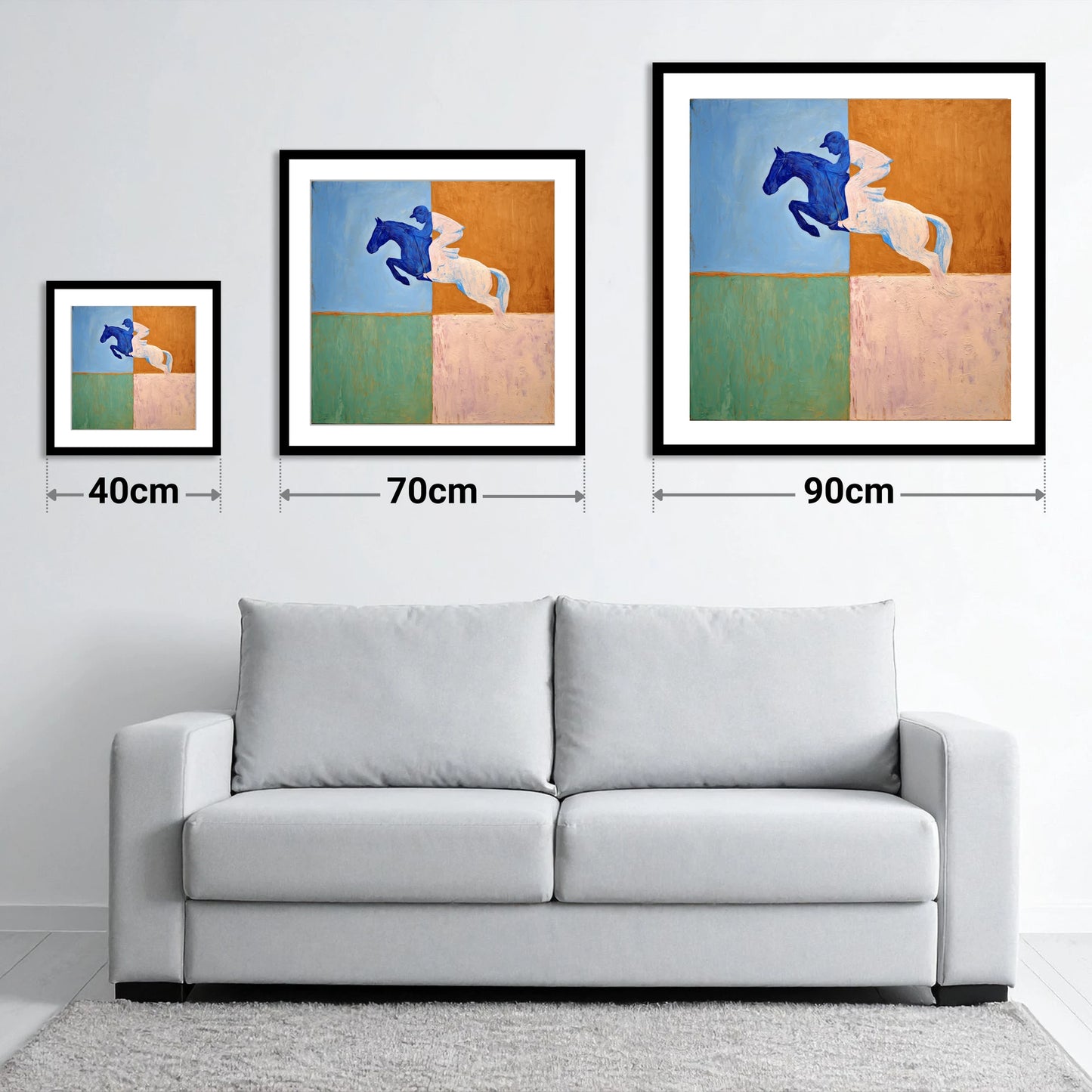 Abstract Cobalt Leap - size guide showing 40cm, 70cm and 90cm art prints