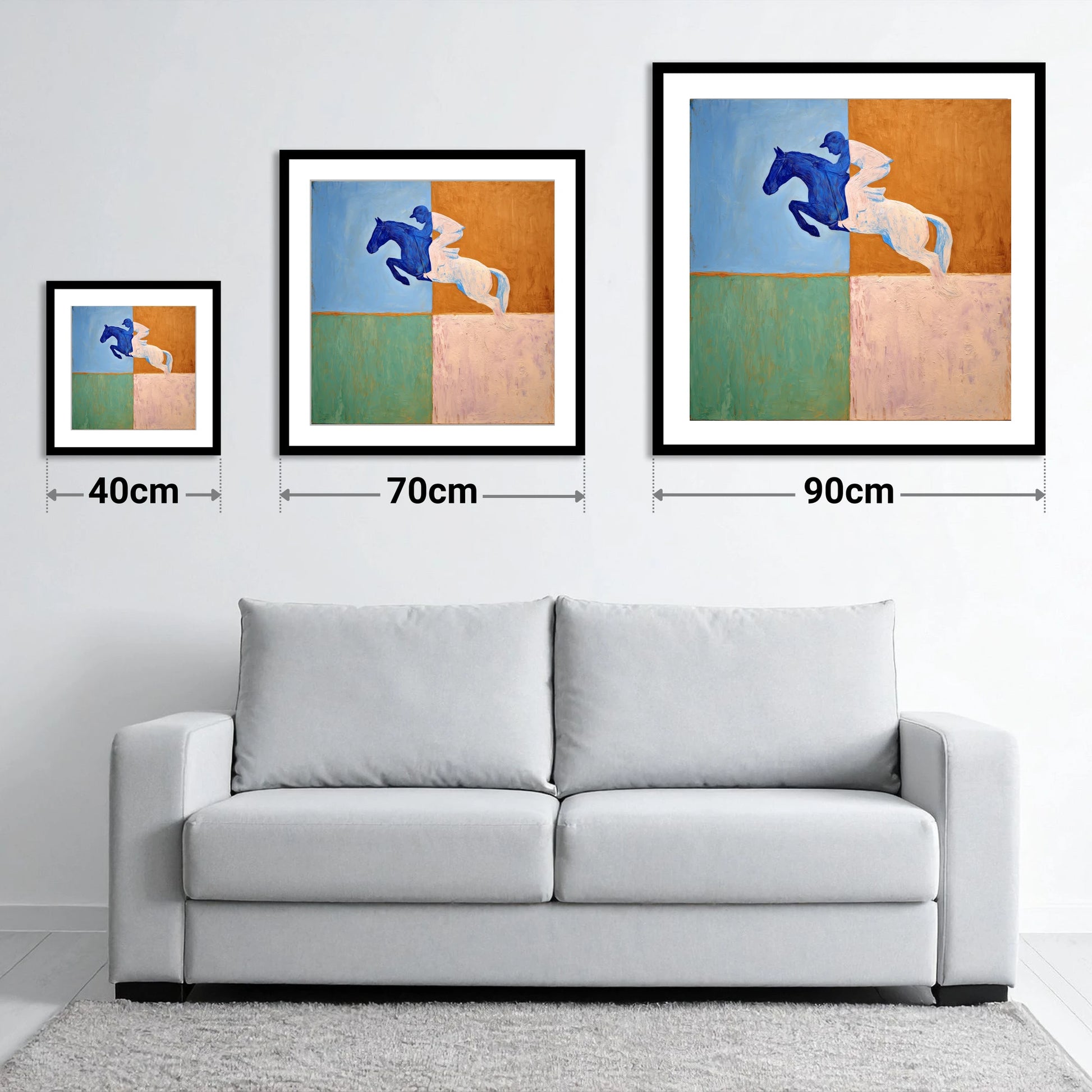Abstract Cobalt Leap - size guide showing 40cm, 70cm and 90cm art prints