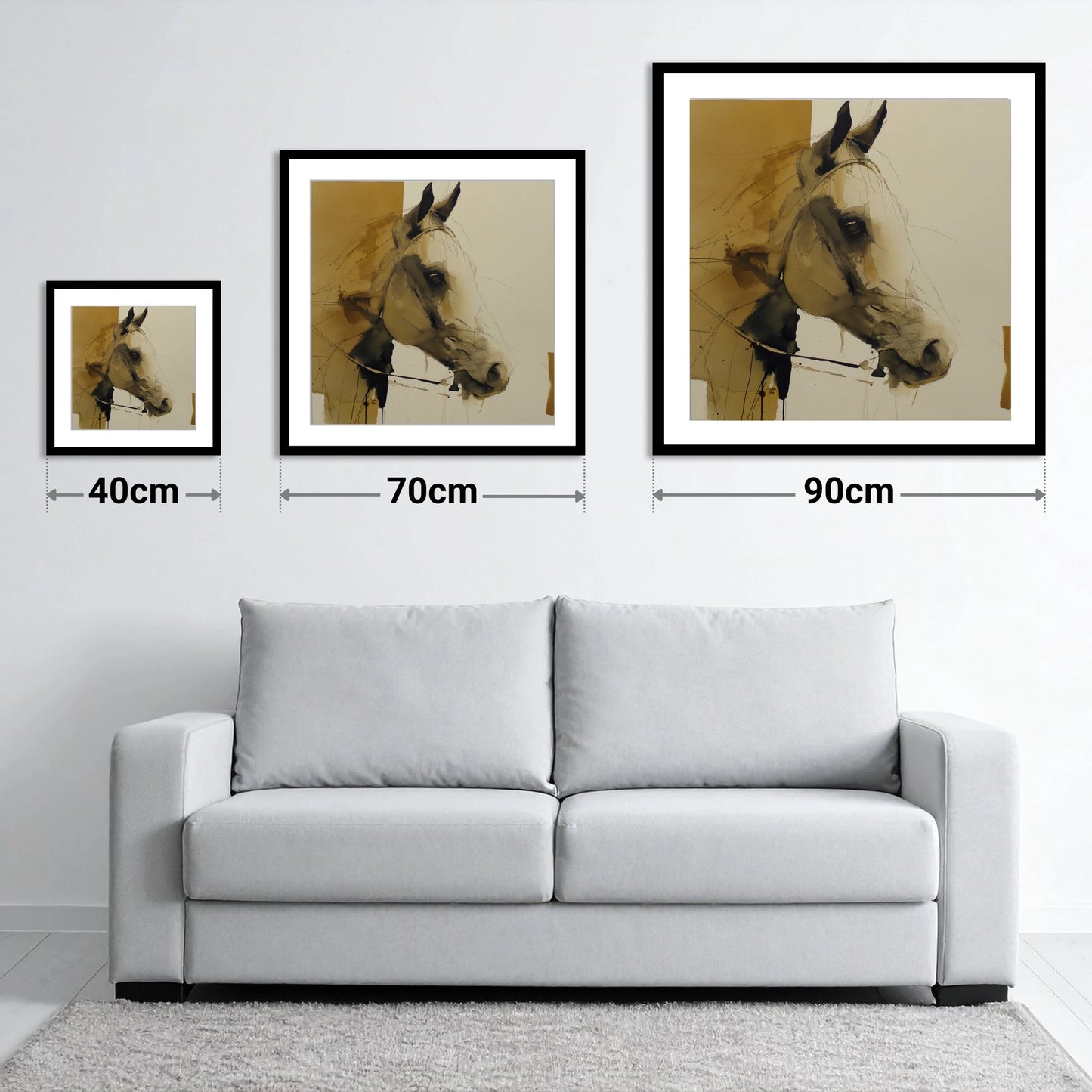 Sepia Wash Profile - size guide showing 40cm, 70cm and 90cm art prints