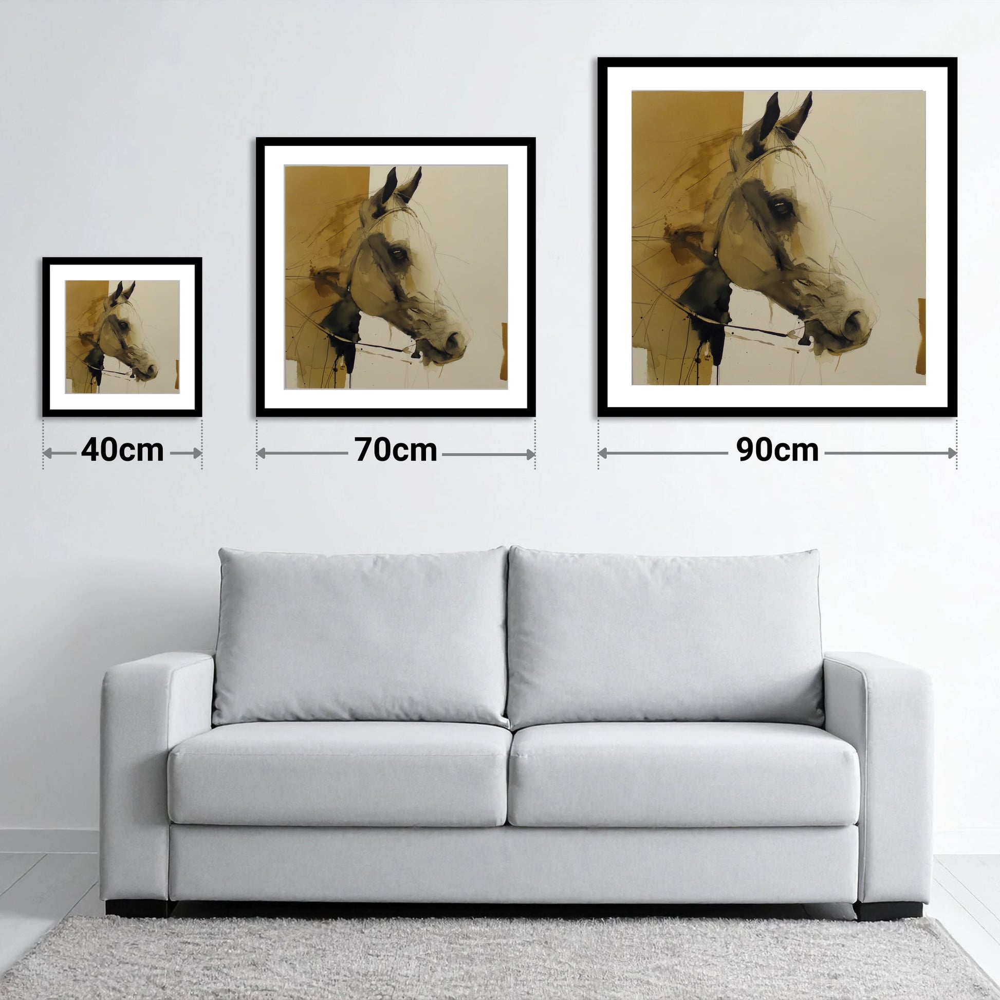 Sepia Wash Profile - size guide showing 40cm, 70cm and 90cm art prints
