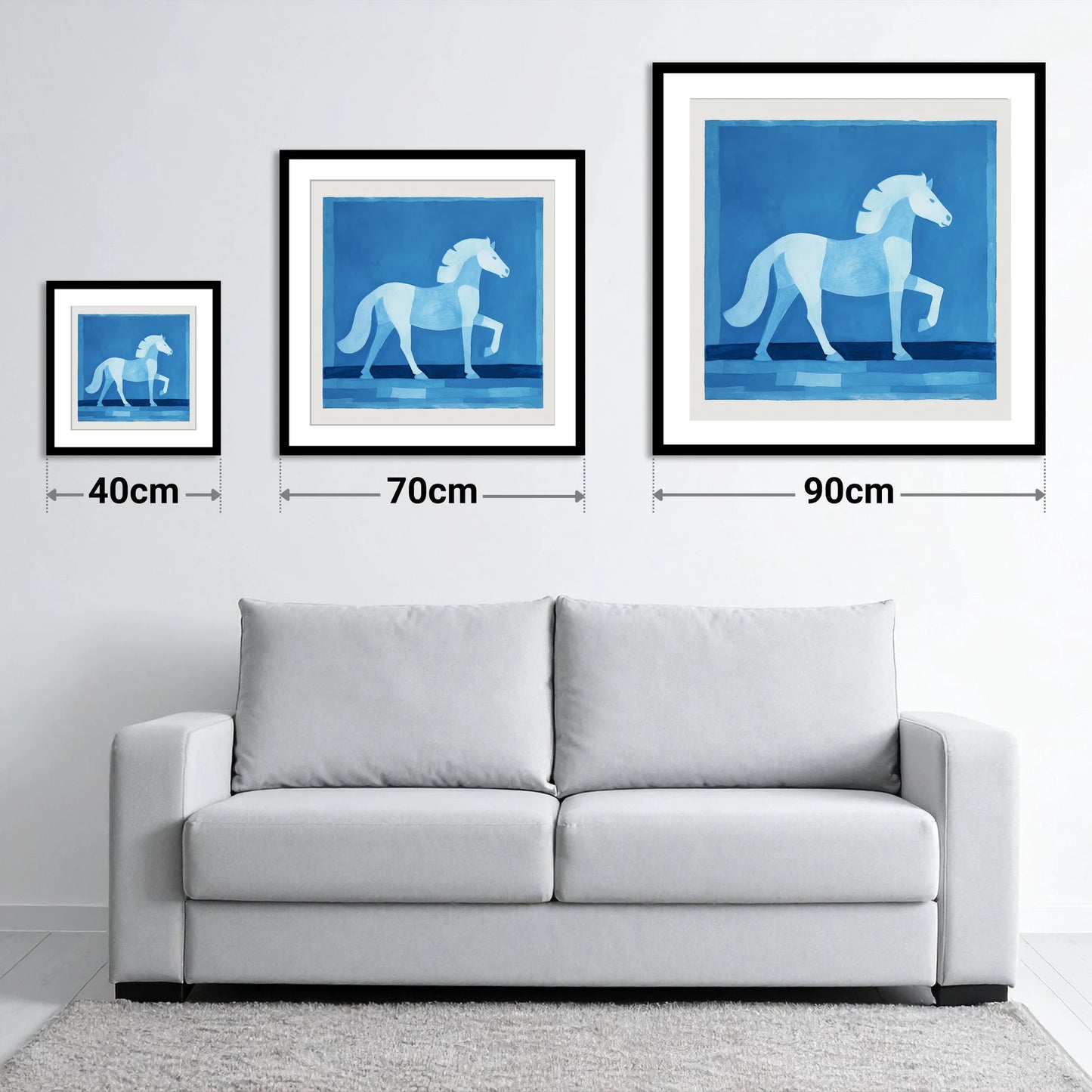 Azure Equine Form - size guide showing 40cm, 70cm and 90cm art prints