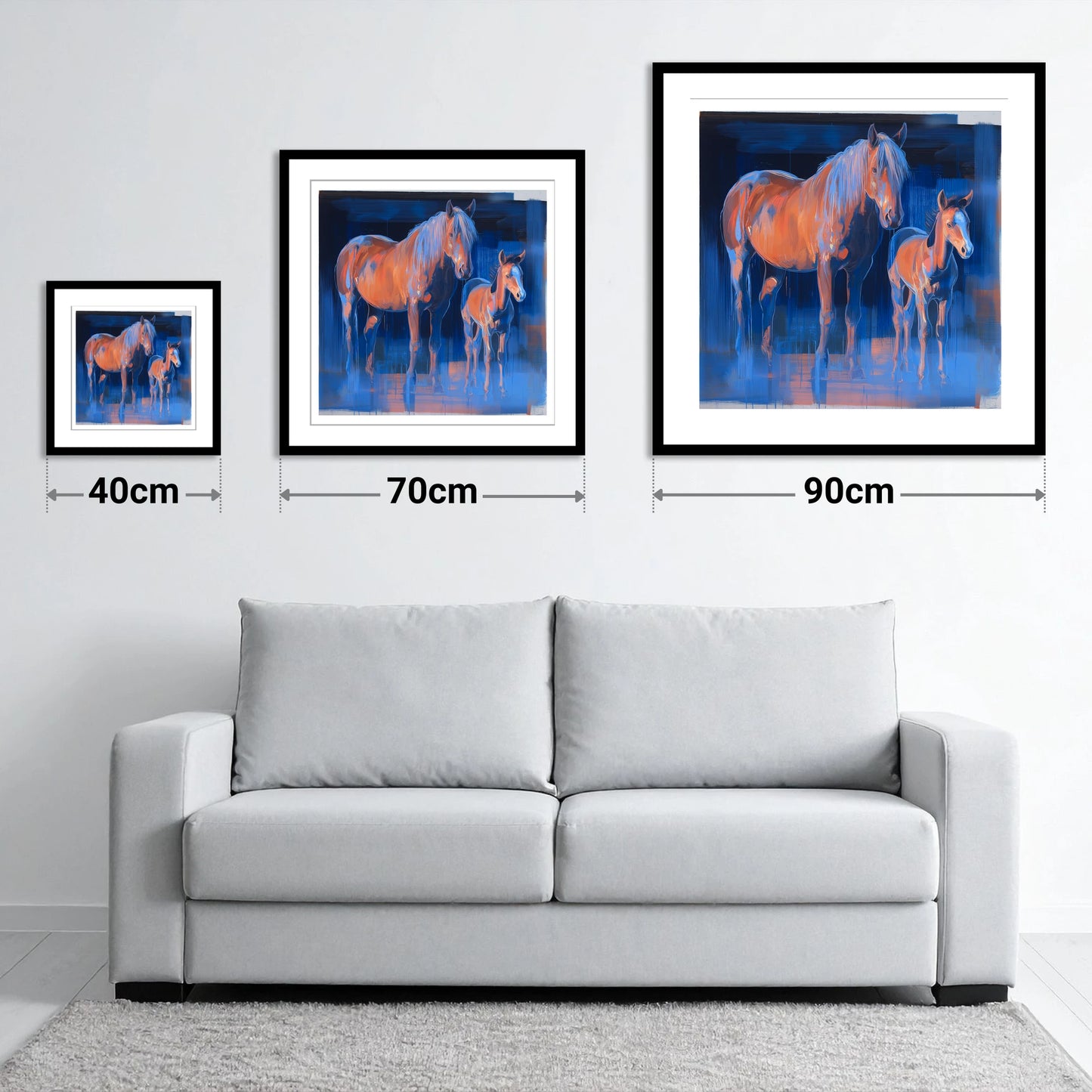Cobalt and Apricot - size guide showing 40cm, 70cm and 90cm art prints