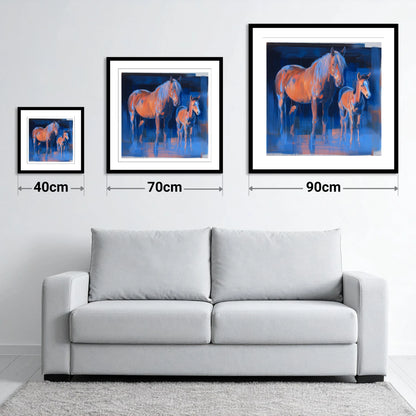Cobalt and Apricot - size guide showing 40cm, 70cm and 90cm art prints
