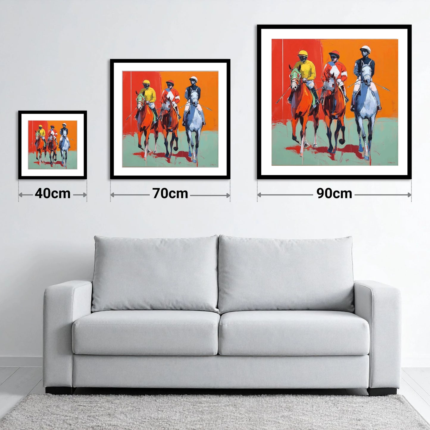 Three to the Post - size guide showing 40cm, 70cm and 90cm art prints