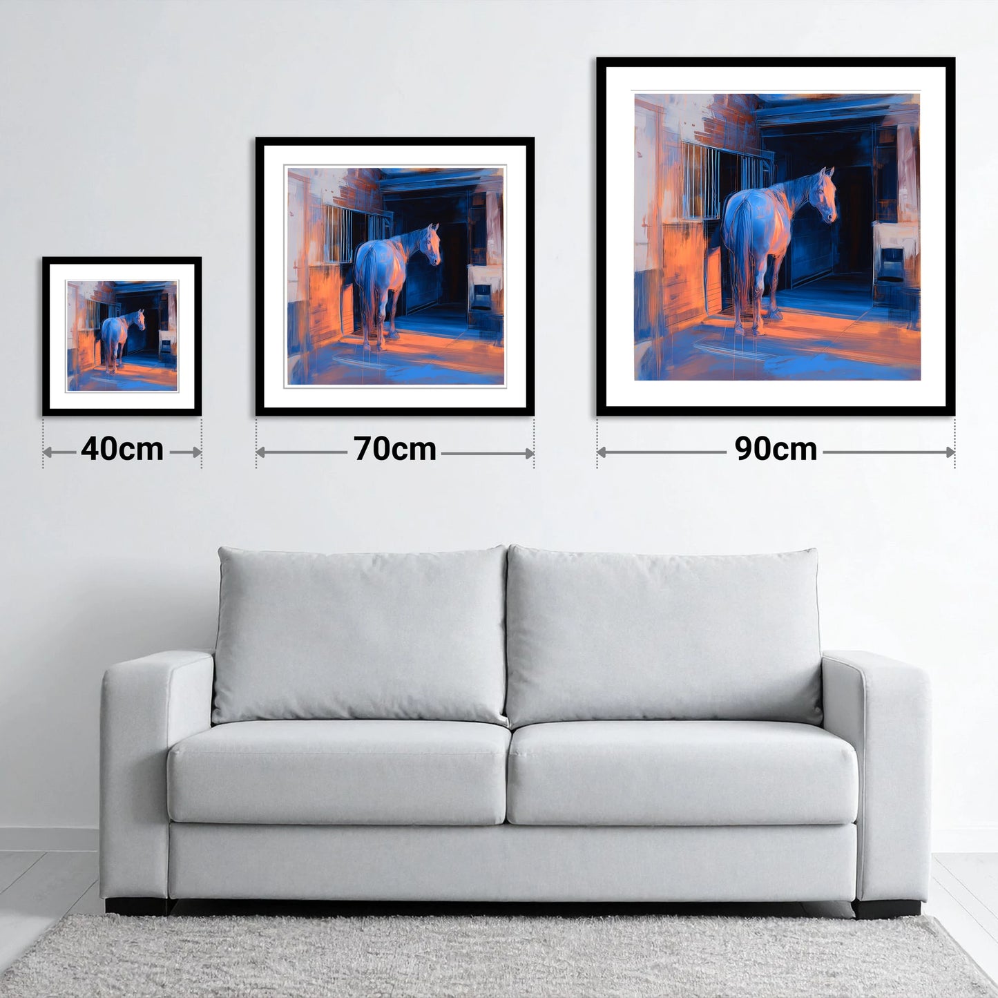 Quiet Light in the Yard - size guide showing 40cm, 70cm and 90cm art prints
