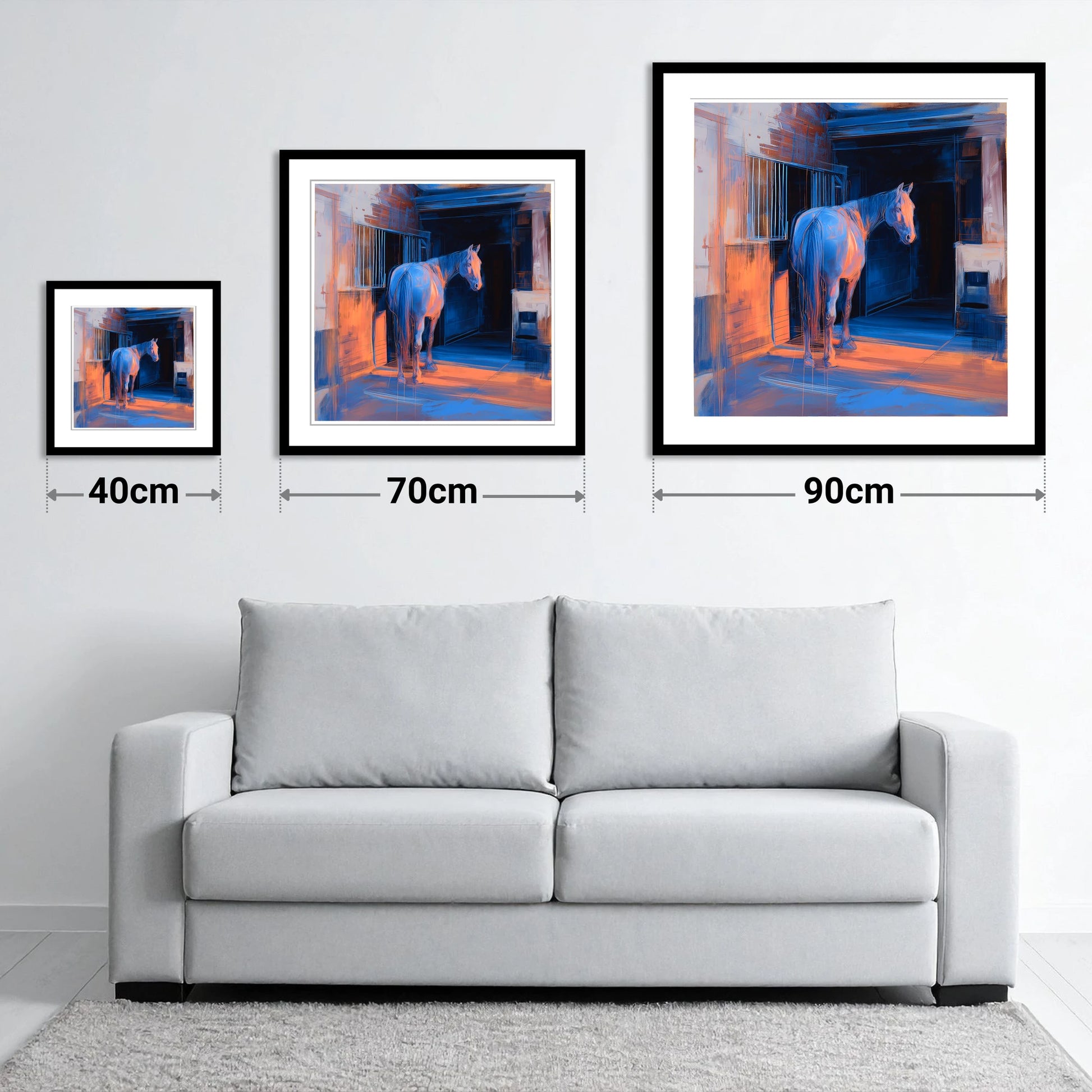 Quiet Light in the Yard - size guide showing 40cm, 70cm and 90cm art prints