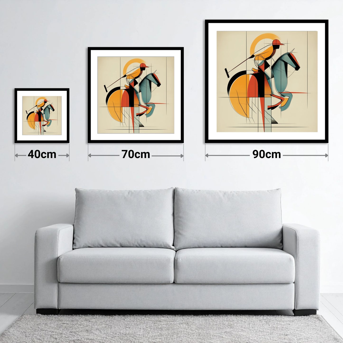Structured Polo Strike - size guide showing 40cm, 70cm and 90cm art prints