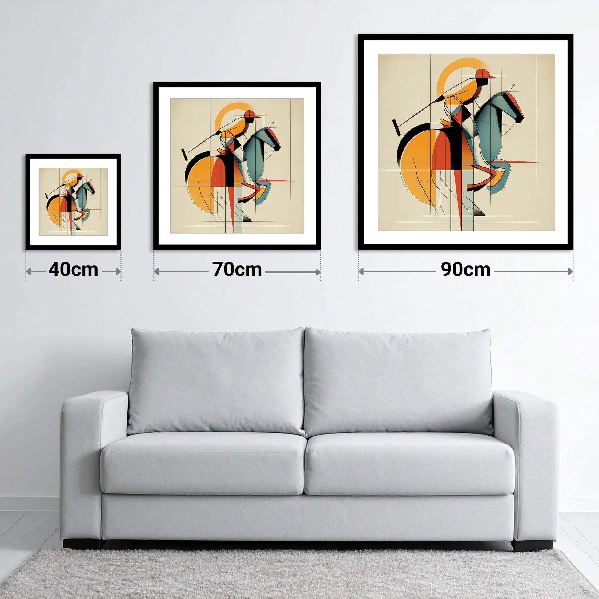 Structured Polo Strike - size guide showing 40cm, 70cm and 90cm art prints