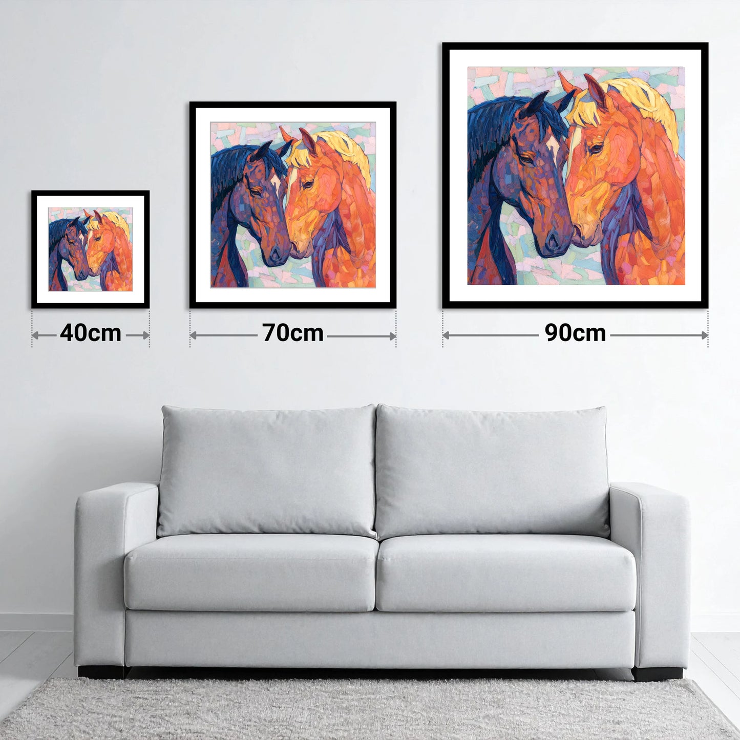 Kindred Spirits - size guide showing 40cm, 70cm and 90cm art prints