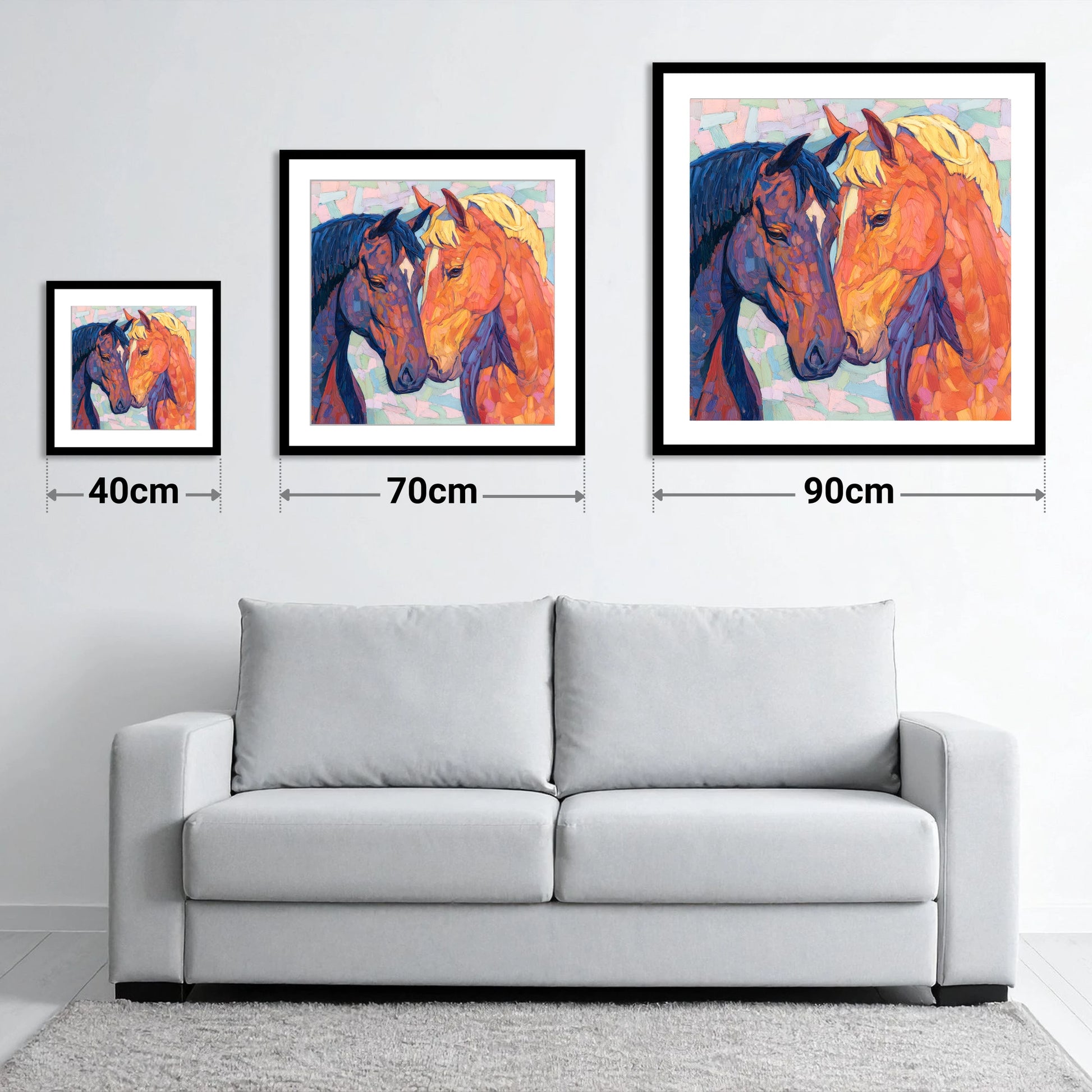 Kindred Spirits - size guide showing 40cm, 70cm and 90cm art prints