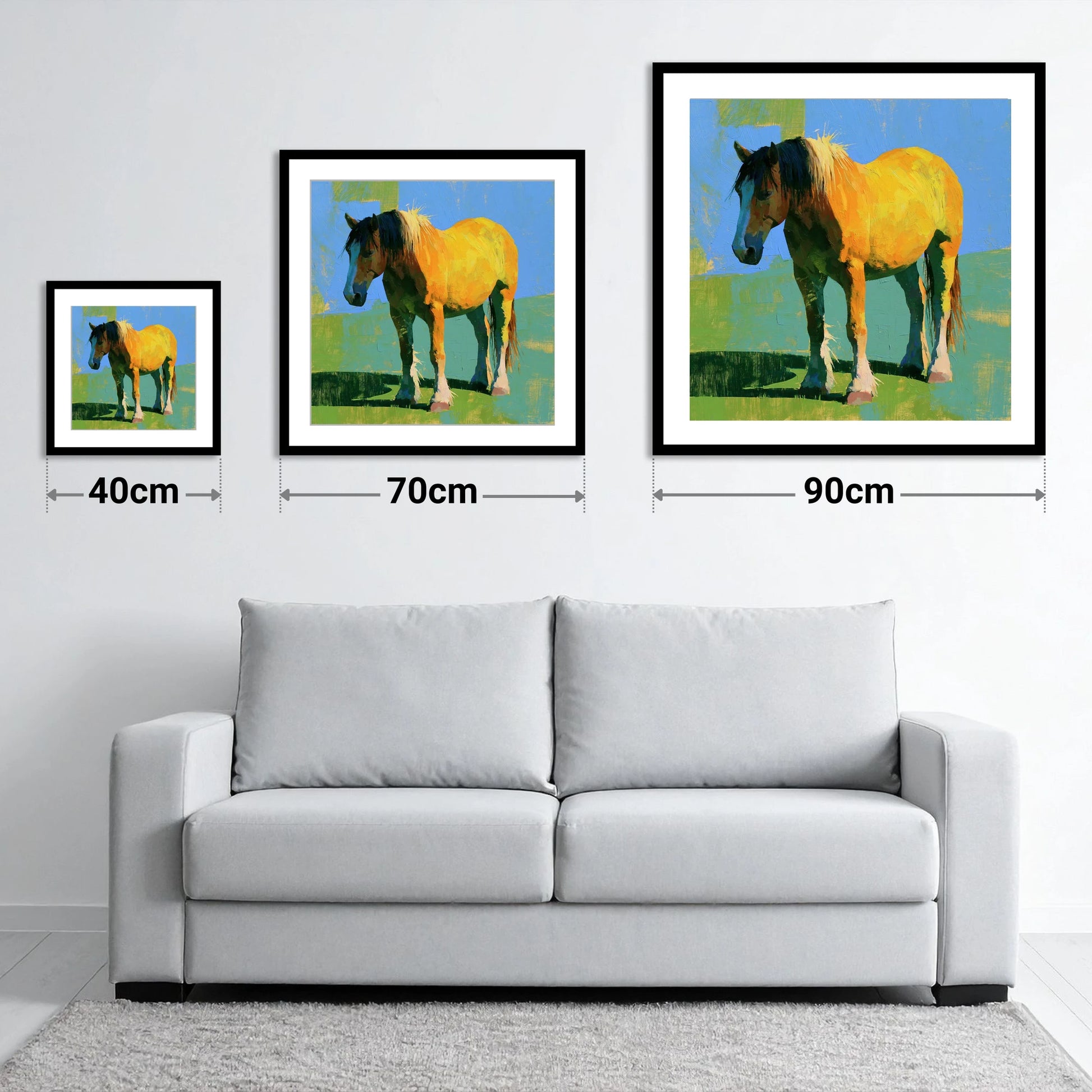 Golden Horse in Vibrant Sunlight - size guide showing 40cm, 70cm and 90cm art prints