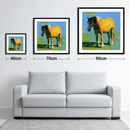 Golden Horse in Vibrant Sunlight - size guide showing 40cm, 70cm and 90cm art prints
