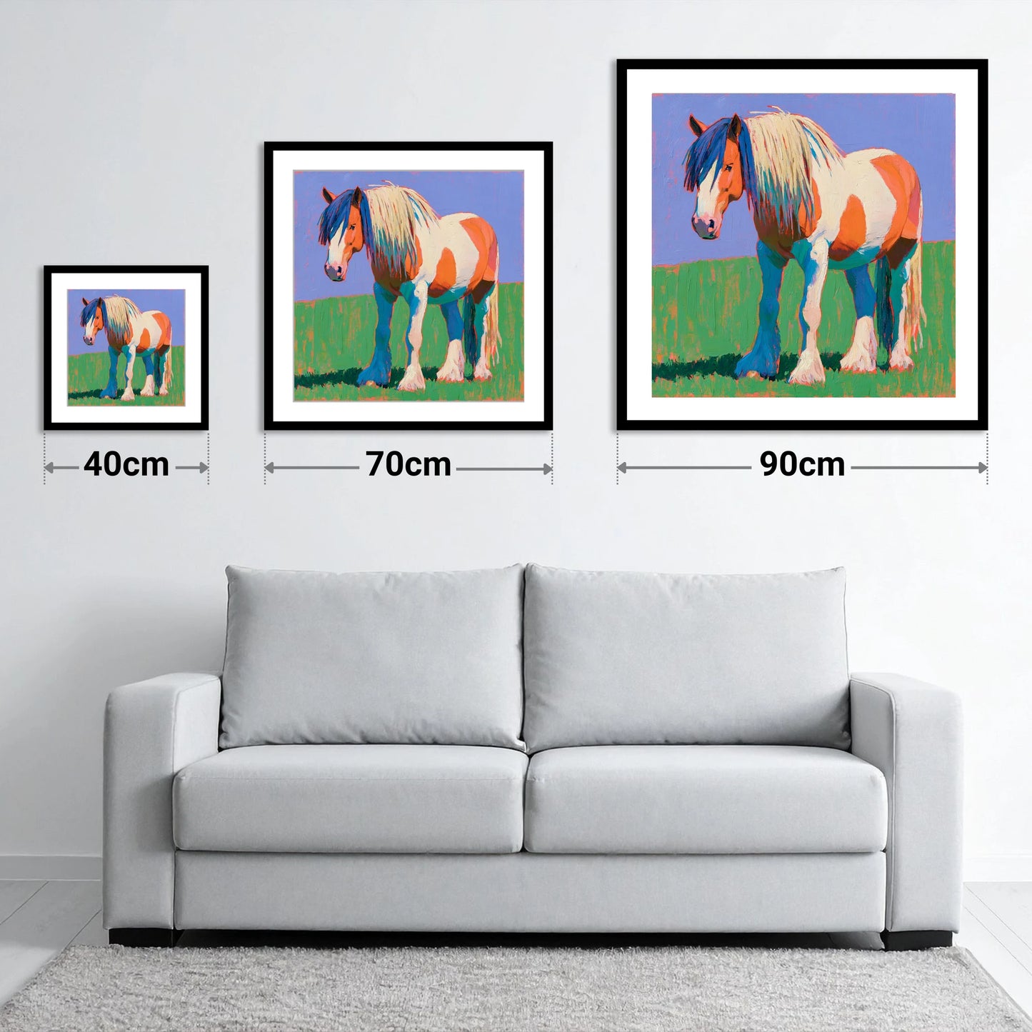 Vibrant Skewbald Gypsy Cob - size guide showing 40cm, 70cm and 90cm art prints
