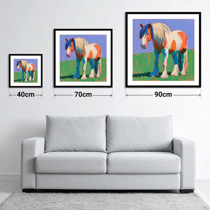 Vibrant Skewbald Gypsy Cob - size guide showing 40cm, 70cm and 90cm art prints