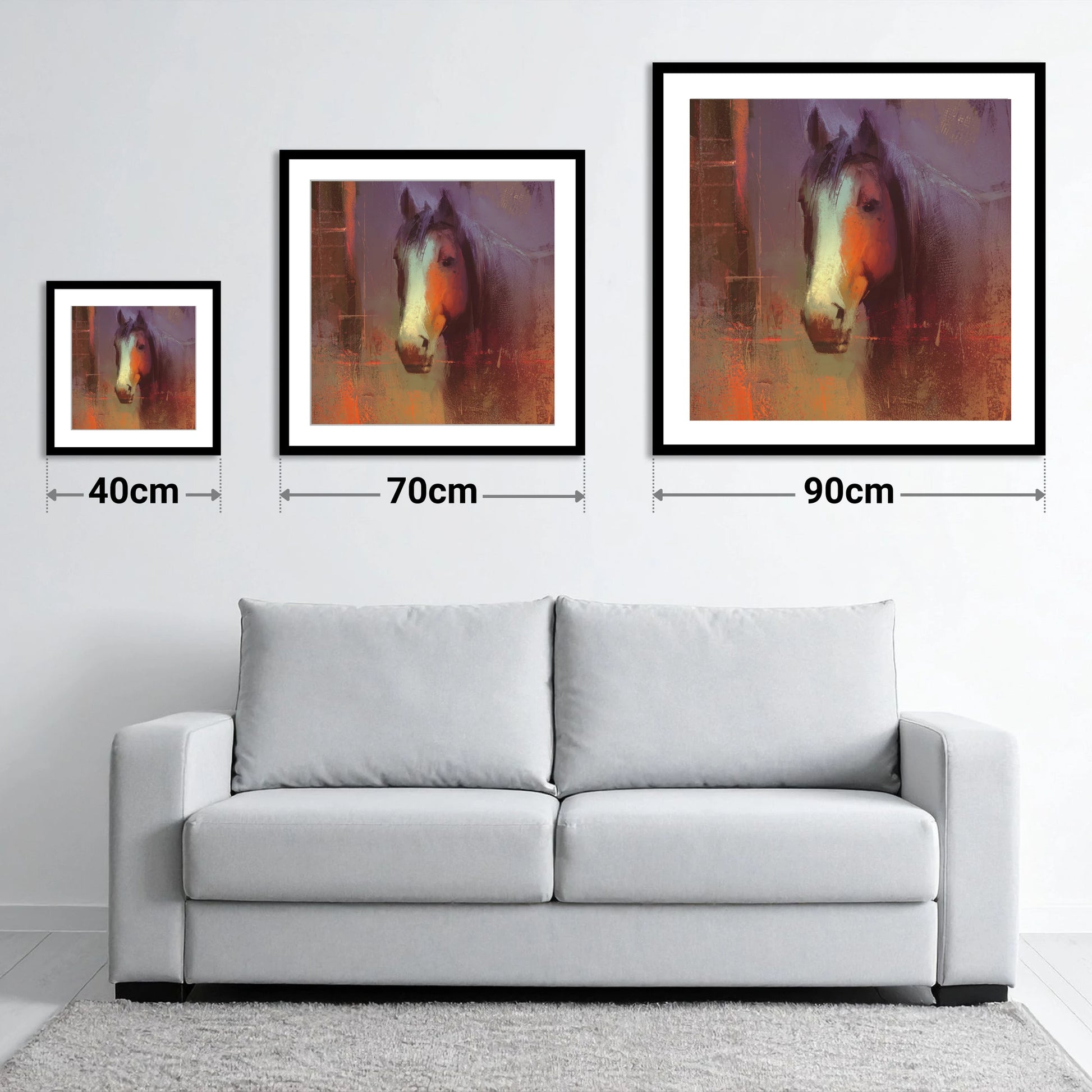 Ember and Violet Portrait - size guide showing 40cm, 70cm and 90cm art prints