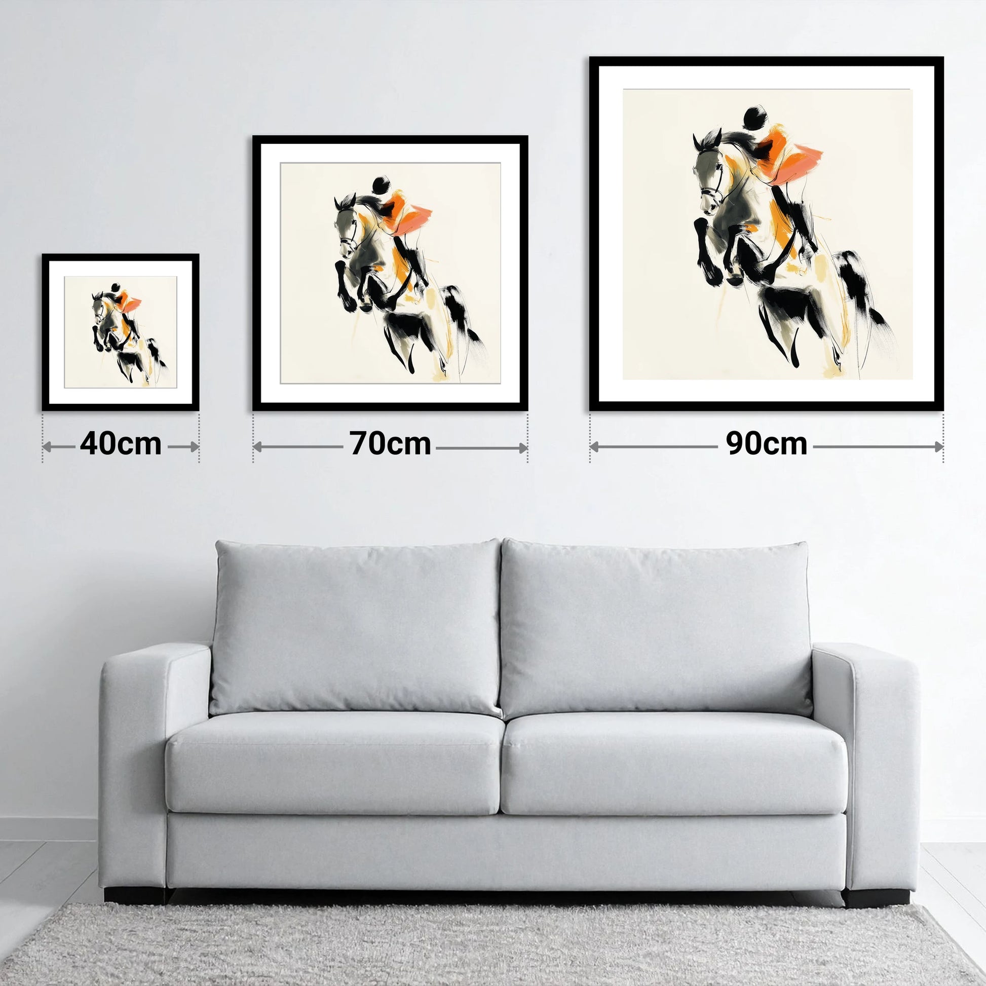 Amber Flight - size guide showing 40cm, 70cm and 90cm art prints