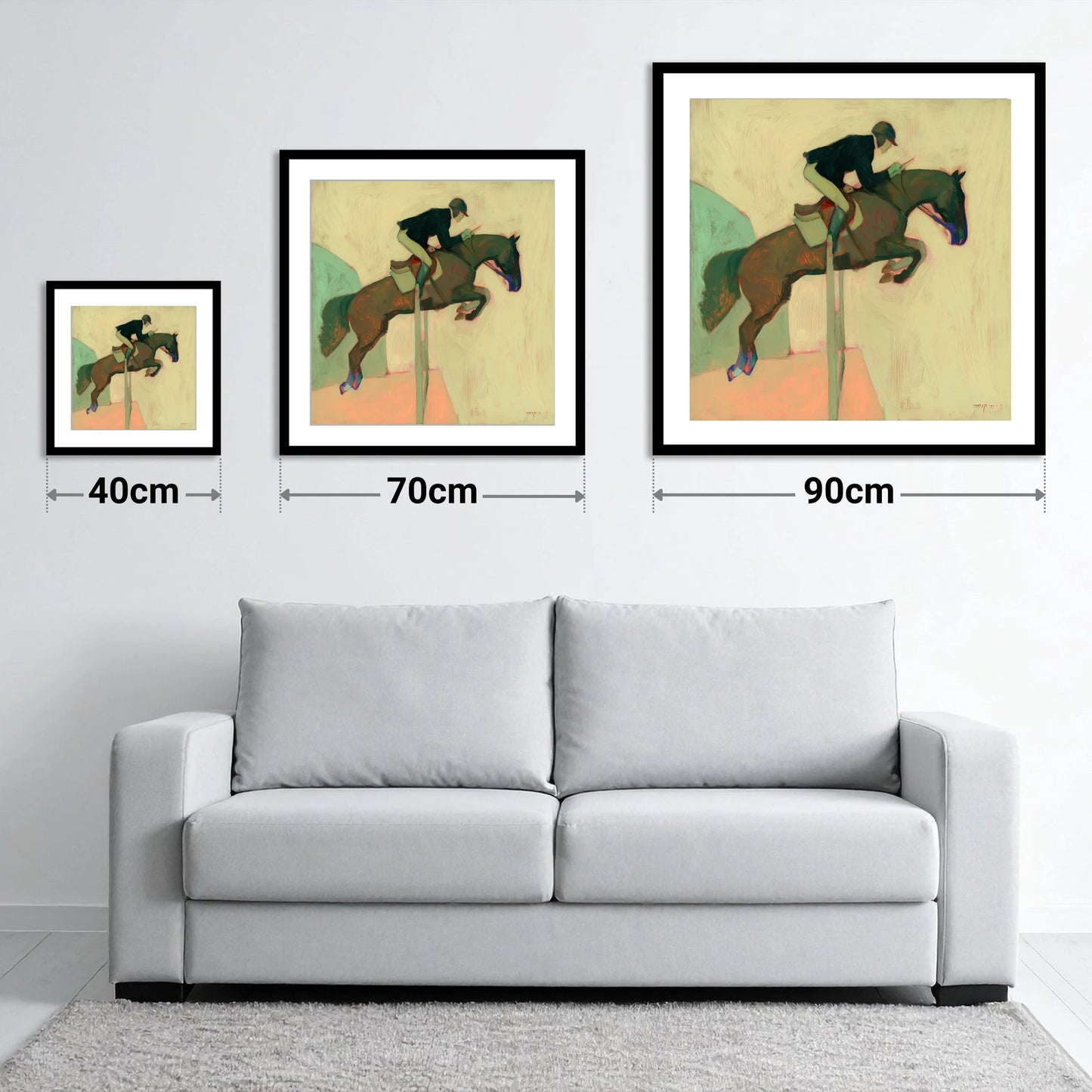 Suspended in Flight - size guide showing 40cm, 70cm and 90cm art prints