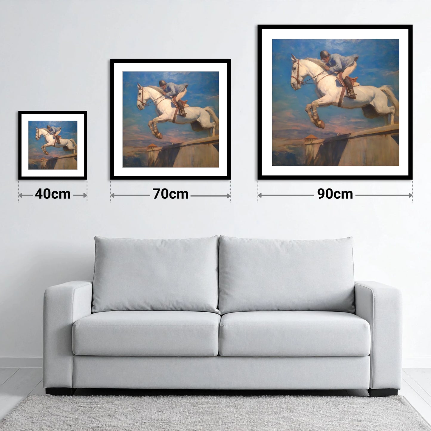 Flight Over the Wall - size guide showing 40cm, 70cm and 90cm art prints