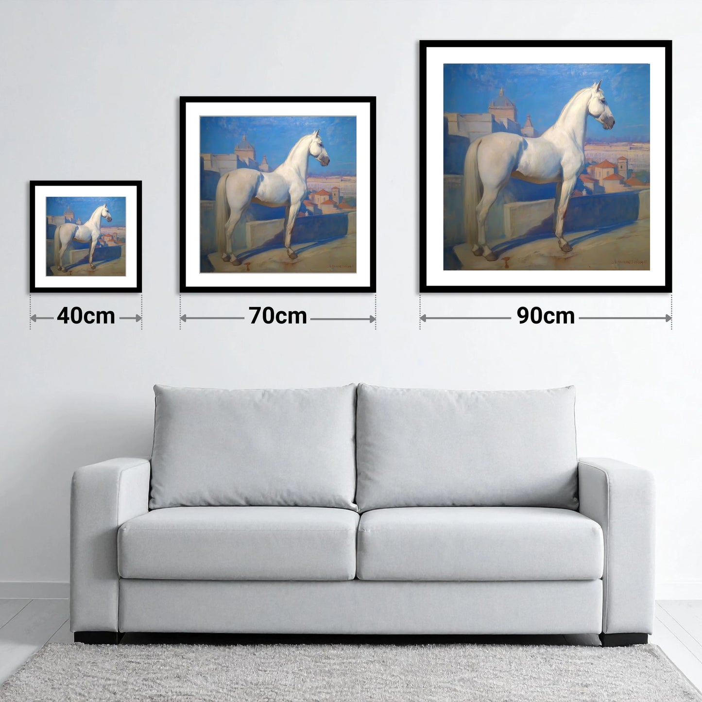 The Classical Grey - size guide showing 40cm, 70cm and 90cm art prints
