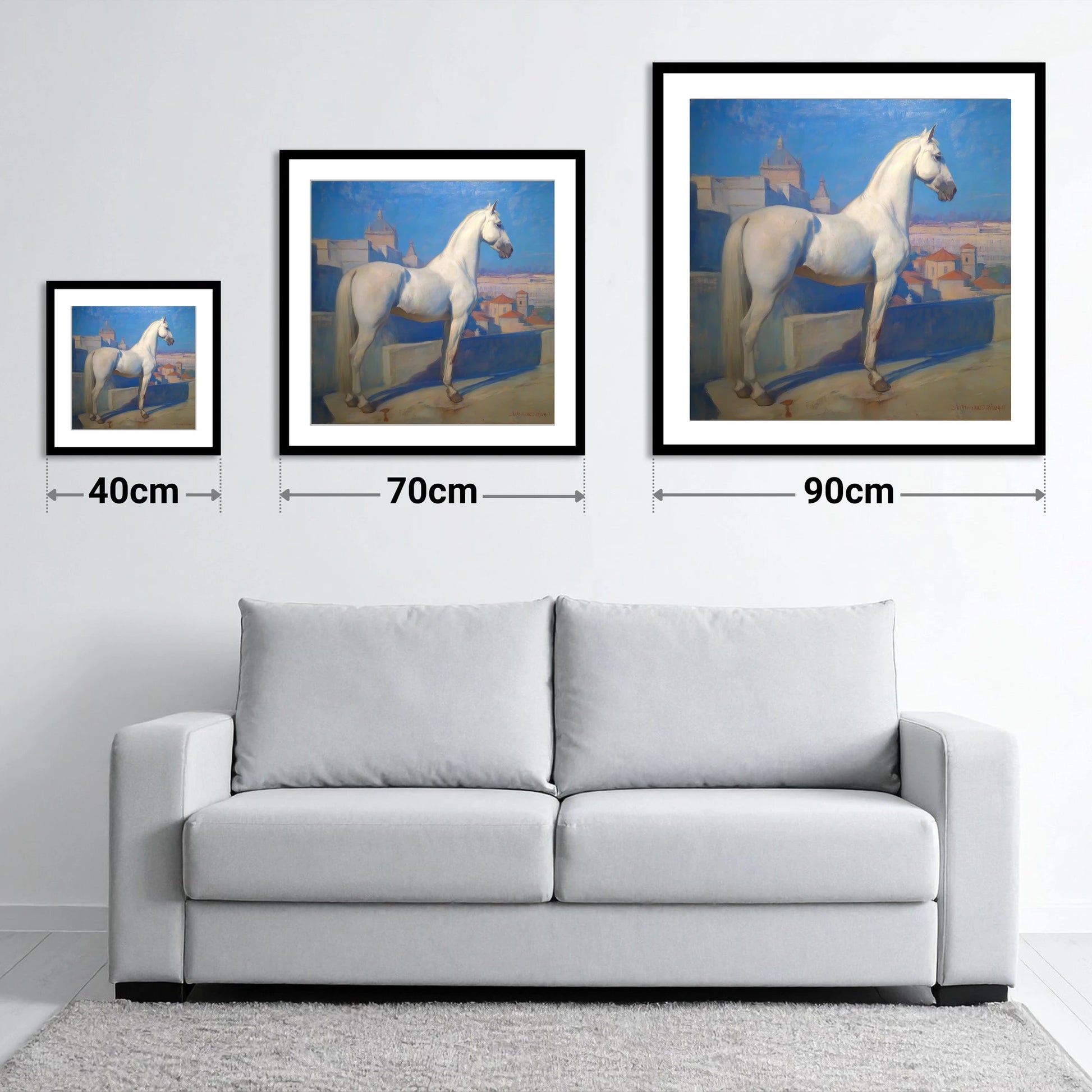 The Classical Grey - size guide showing 40cm, 70cm and 90cm art prints