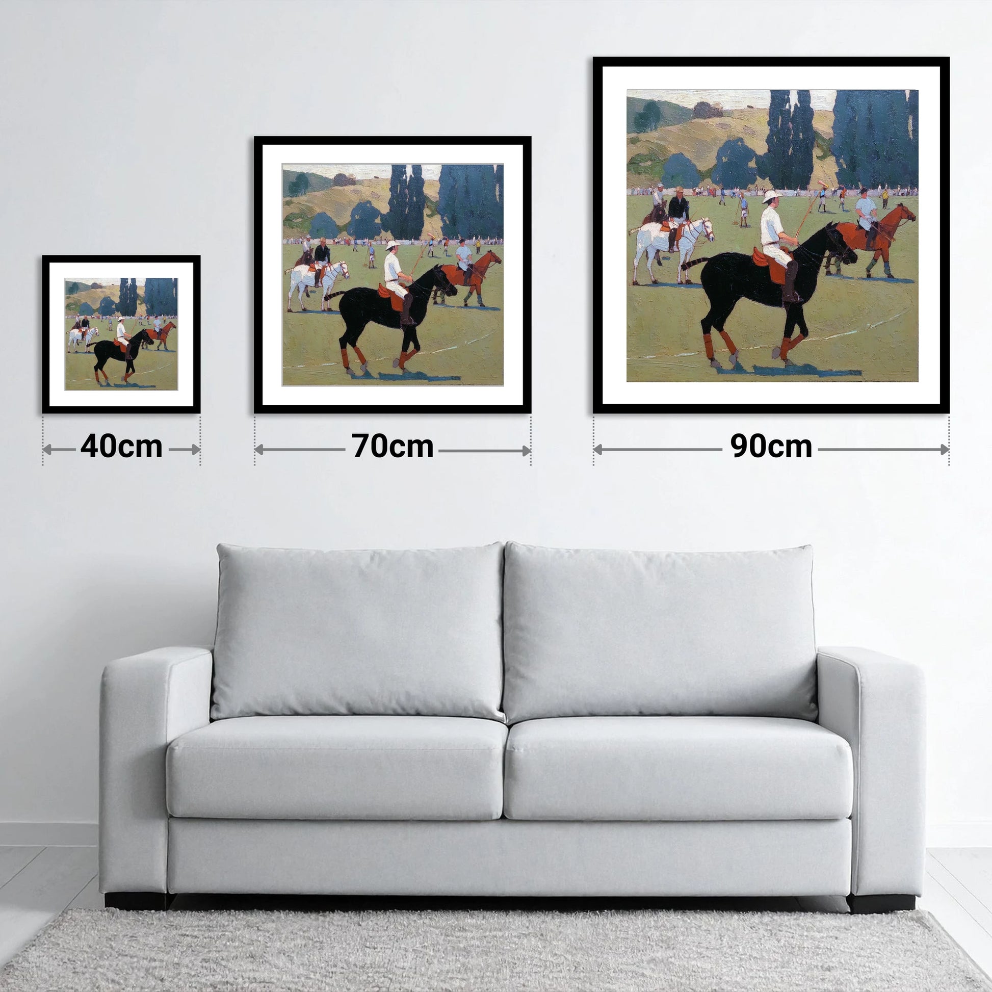 Midsummer Polo Pause - size guide showing 40cm, 70cm and 90cm art prints