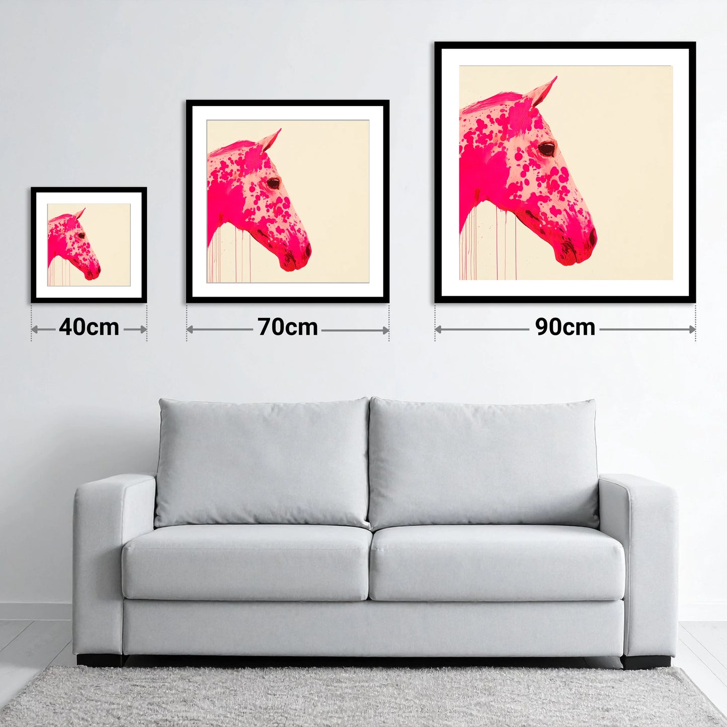 Vibrant Magenta Profile - size guide showing 40cm, 70cm and 90cm art prints