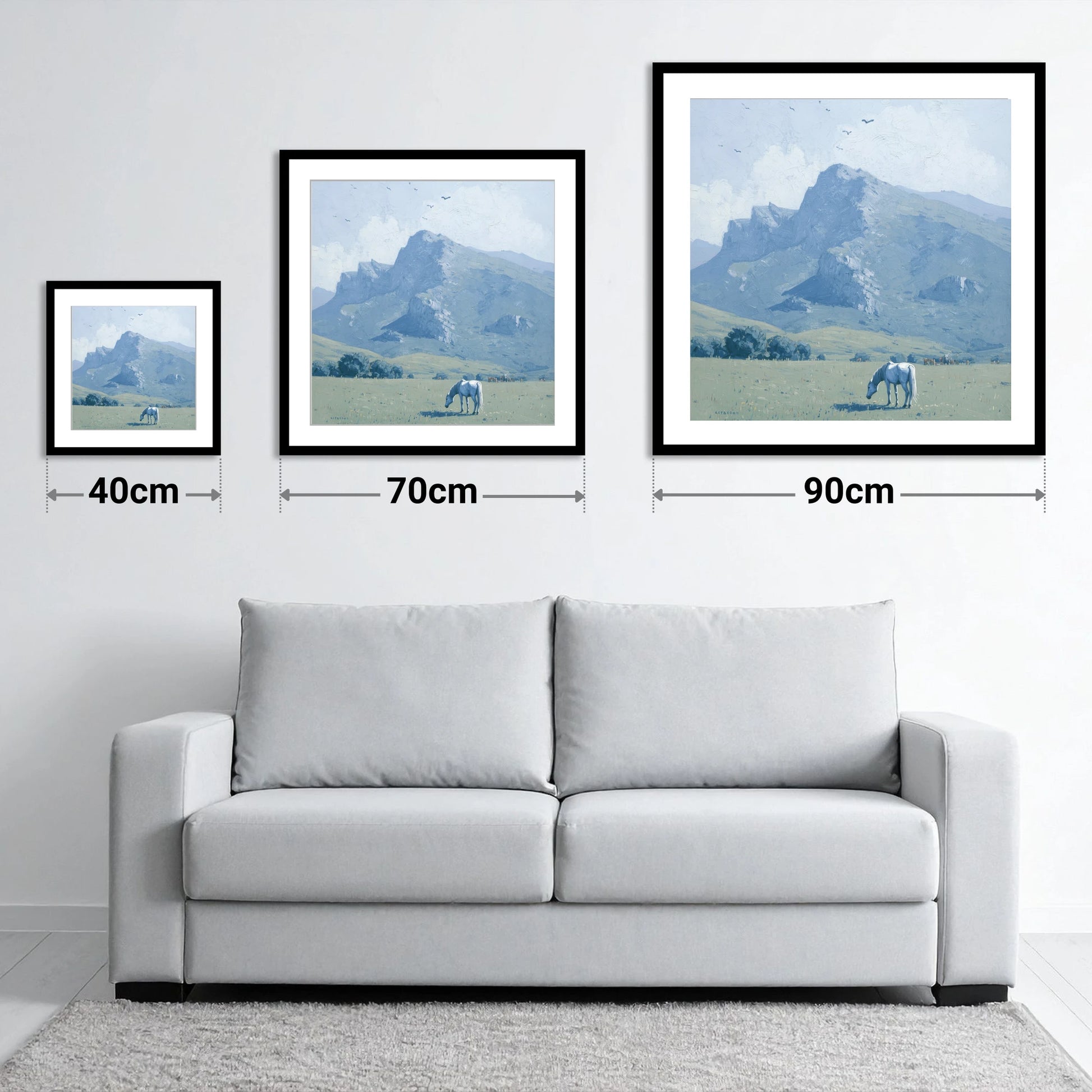 Solitude Beneath the Peak - size guide showing 40cm, 70cm and 90cm art prints