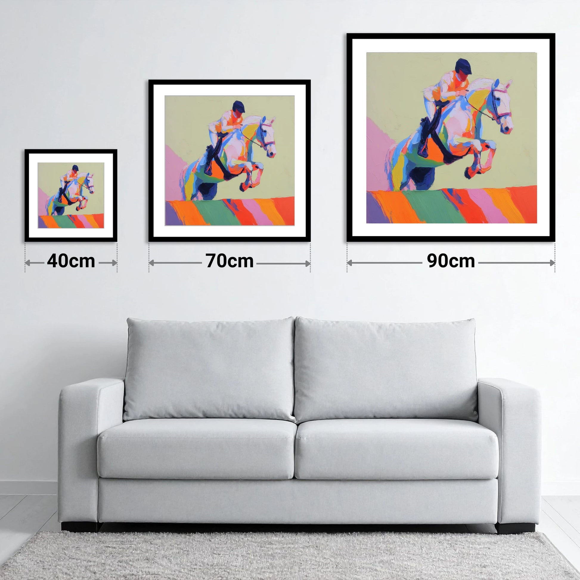 Technicolour Leap - size guide showing 40cm, 70cm and 90cm art prints