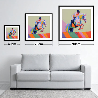 Technicolour Leap - size guide showing 40cm, 70cm and 90cm art prints