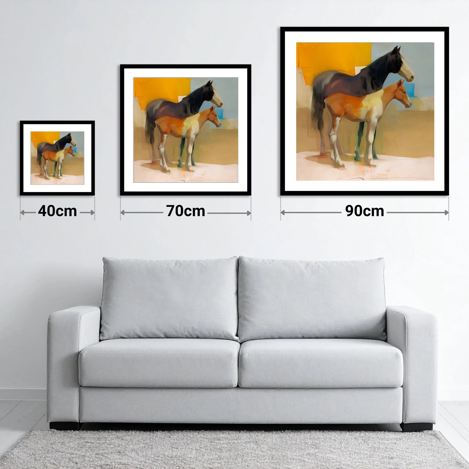 Sunlit Painted Foal - size guide showing 40cm, 70cm and 90cm art prints