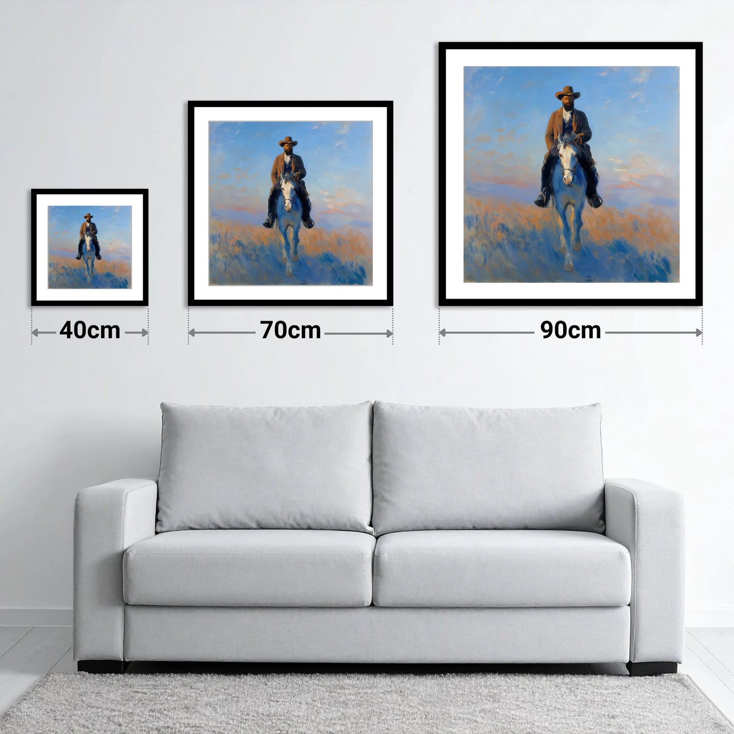 The Luminous Frontier - size guide showing 40cm, 70cm and 90cm art prints
