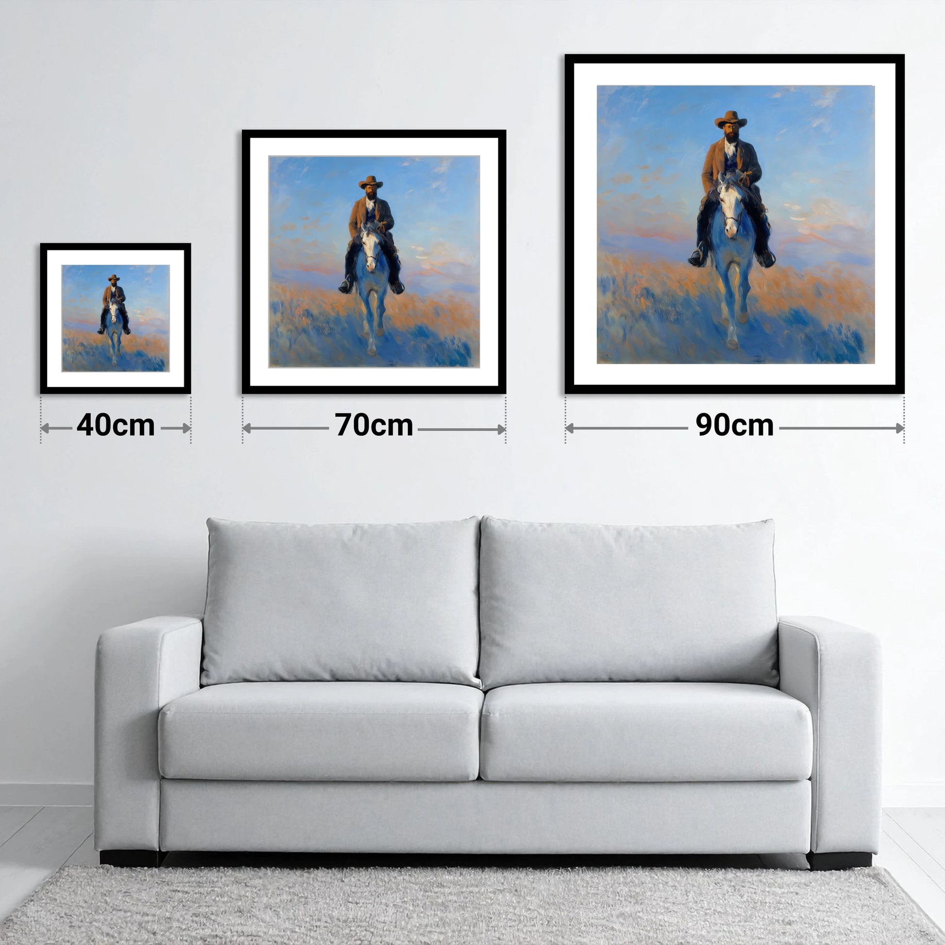The Luminous Frontier - size guide showing 40cm, 70cm and 90cm art prints