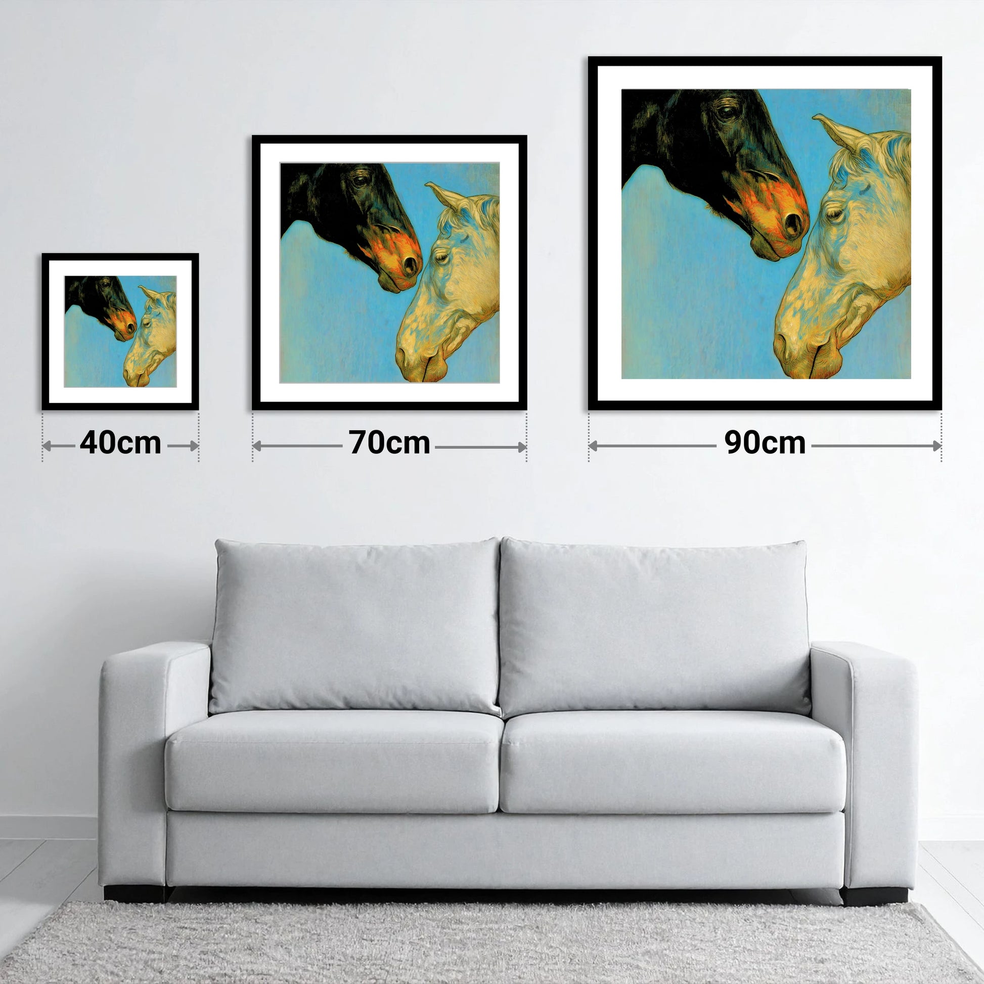 Sun and Shadow - size guide showing 40cm, 70cm and 90cm art prints