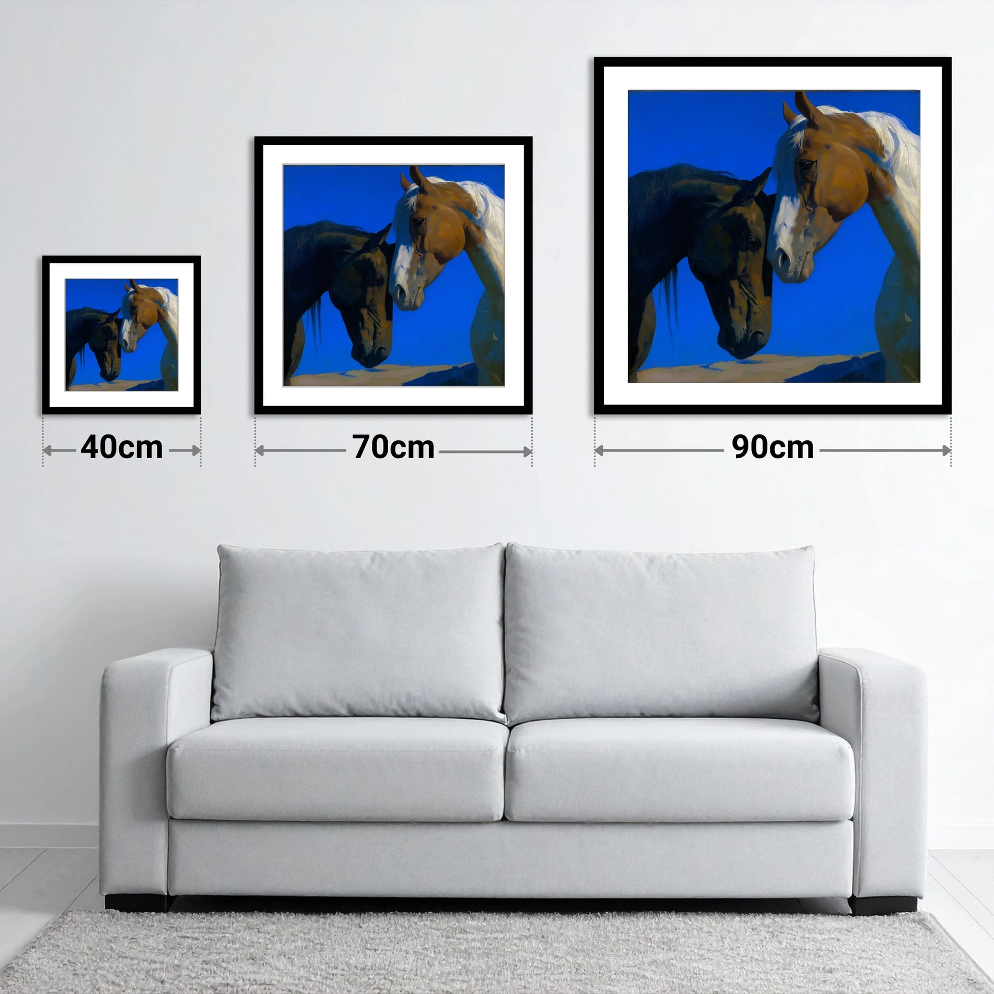 Sunlit Companions - size guide showing 40cm, 70cm and 90cm art prints