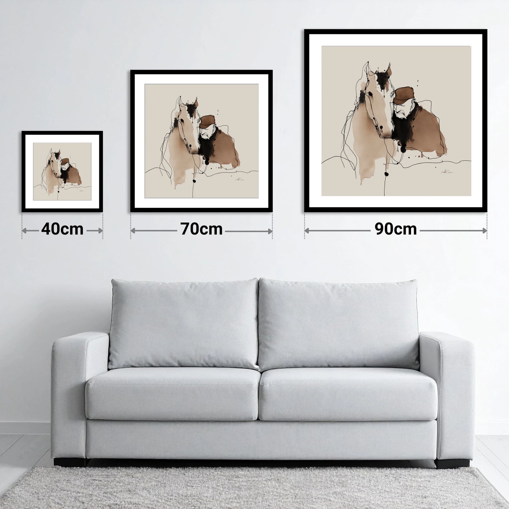 Silent Companions - size guide showing 40cm, 70cm and 90cm art prints