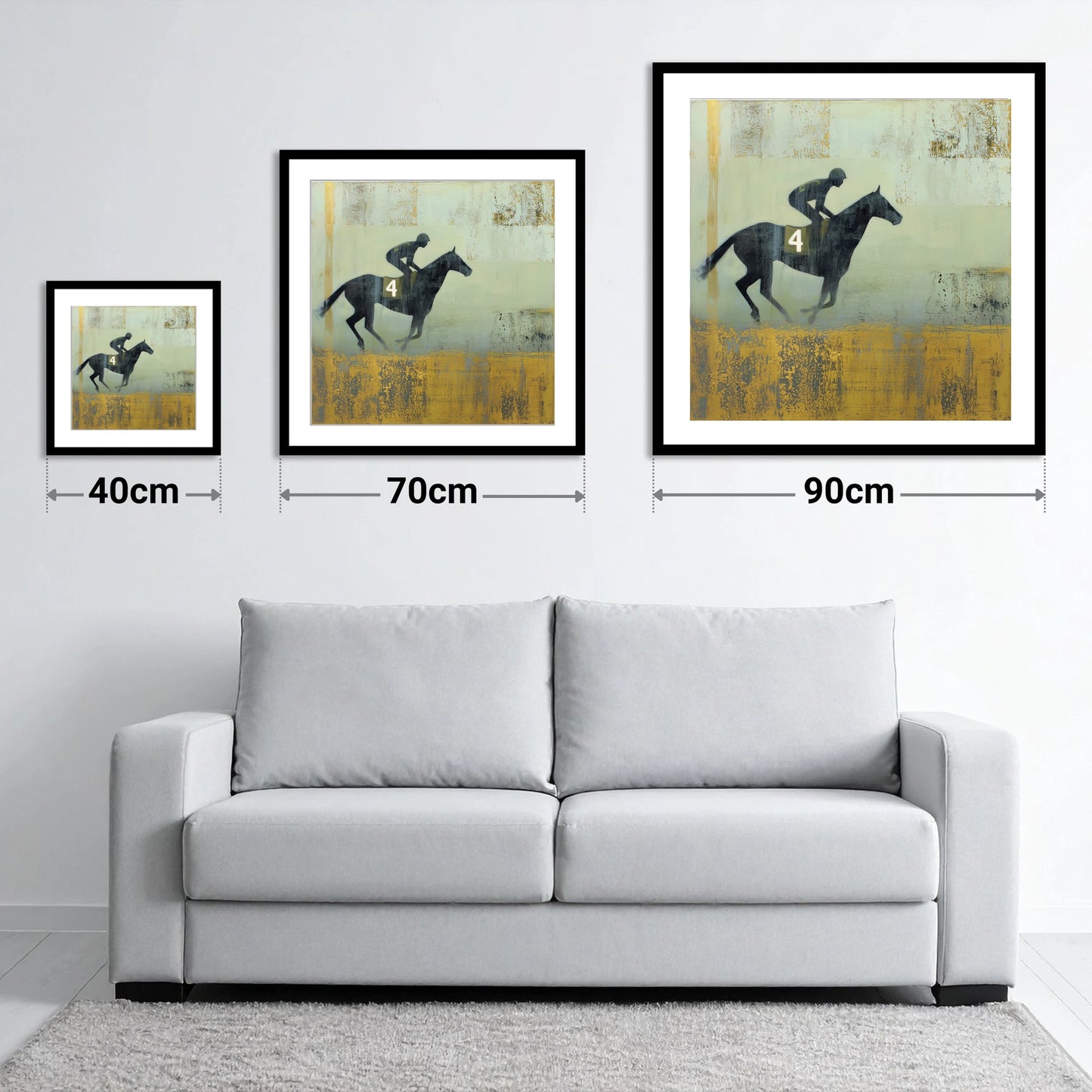 Gilded Number Four - size guide showing 40cm, 70cm and 90cm art prints