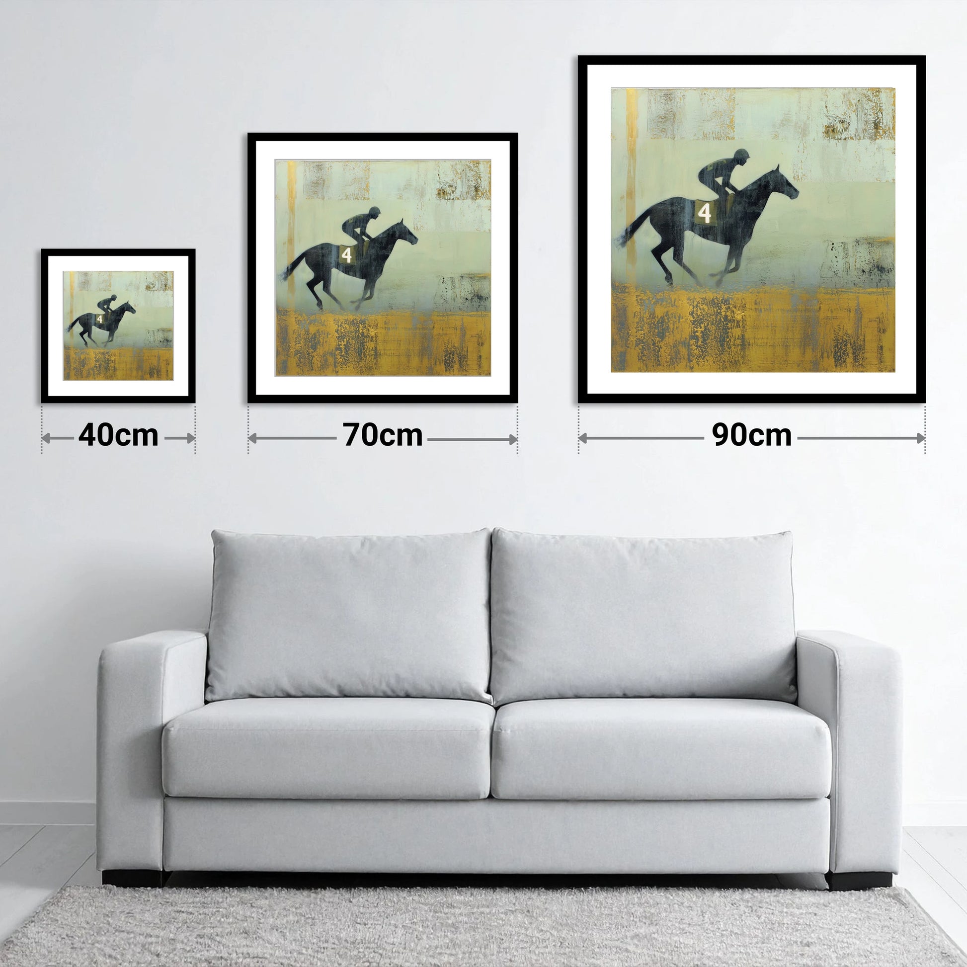 Gilded Number Four - size guide showing 40cm, 70cm and 90cm art prints