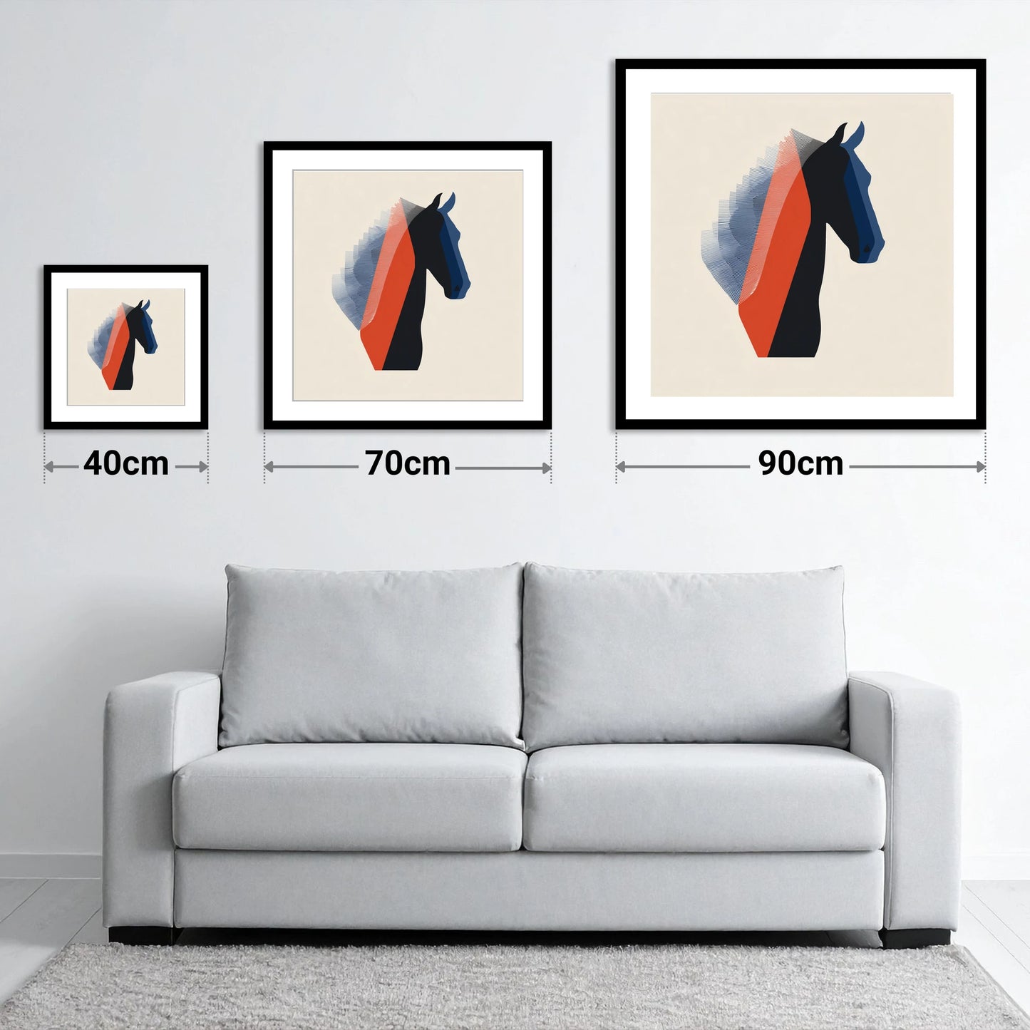 Graphic Equine Profile - size guide showing 40cm, 70cm and 90cm art prints