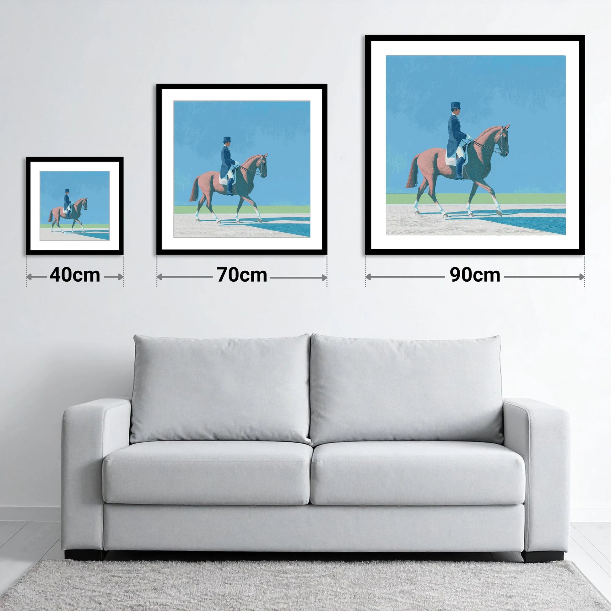 Collected Harmony - size guide showing 40cm, 70cm and 90cm art prints