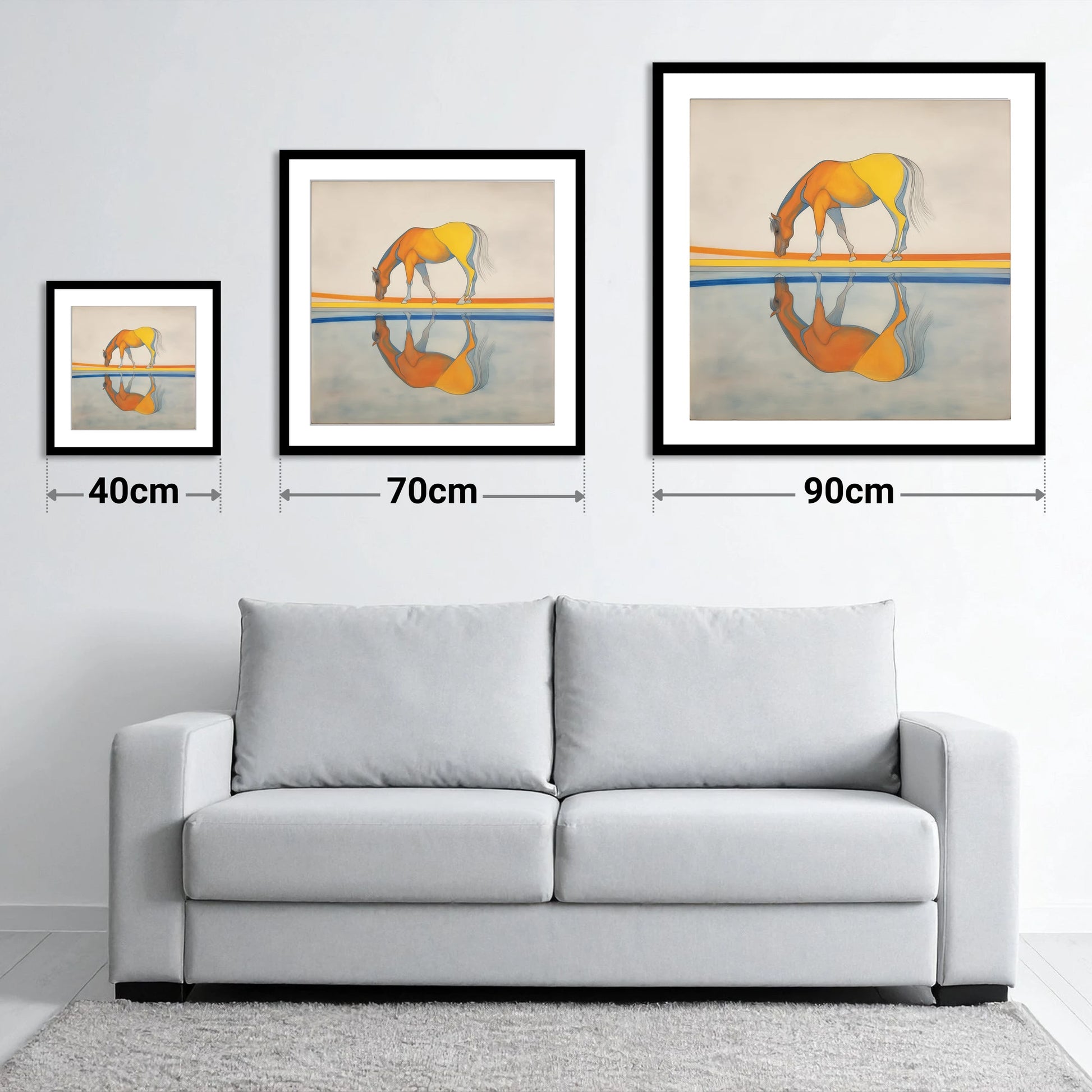 Symmetry in Amber - size guide showing 40cm, 70cm and 90cm art prints